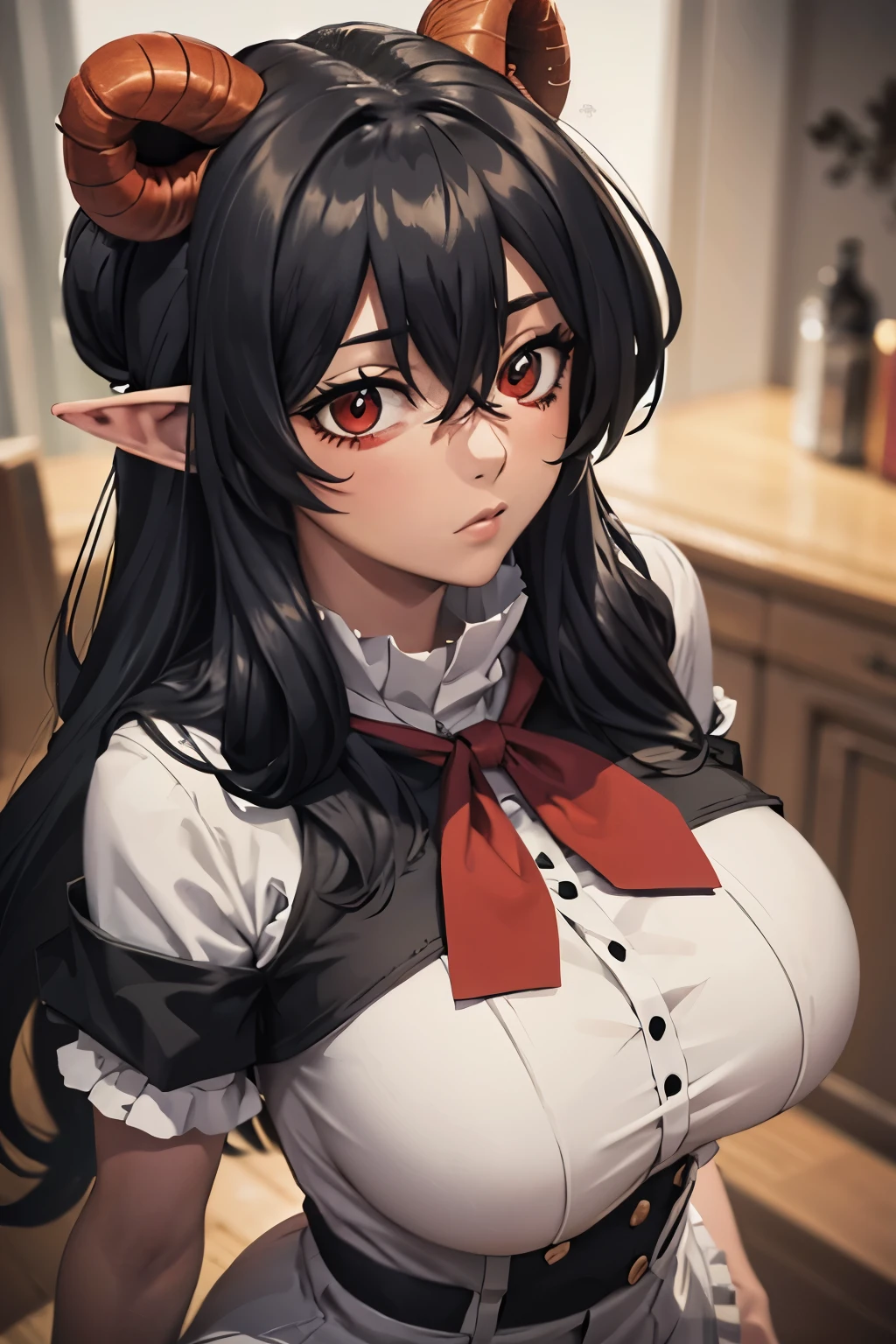 (Ultra Real), (Illustration), (High Resolution), (8K), (Very Detailed), (Best Illustration), (Beautiful Detailed Eyes), (Best Quality), (Ultra Detailed), (Masterpiece) Large breasts, Bare shoulders attractive legs, (busty), (perky) (large ass) (bubble butt) human_feet, messy hair facial mark,barefoot,long hair,skull (hands on own ass) (grabbing own ass) (red eyes:1.7), brown hair, shirt, ribbon, school uniform, white shirt, black ribbon, neck ribbon, black shorts, (black hair:1.5), hair ends in red, elf ears