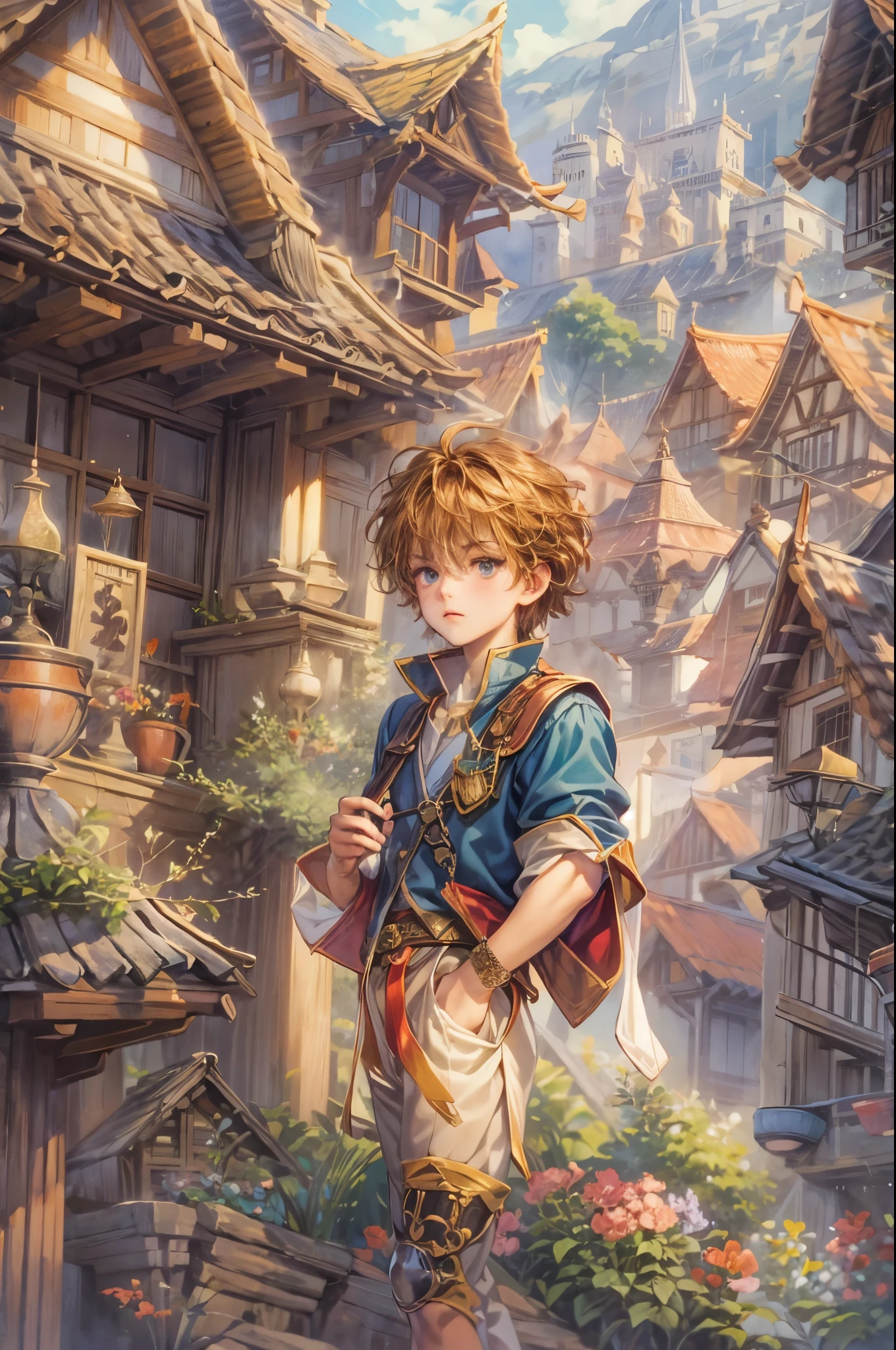 ((Best quality)), ((masterpiece)), (detailed), ((perfect face)), ((halfbody)) handsome face, male, teen boy,  perfect proportions , a character from anime legend of mana teardrop crystal, brown short hair, male version , peaceful town of domina, detailed town of domina background, detailed ghibli scenery background 