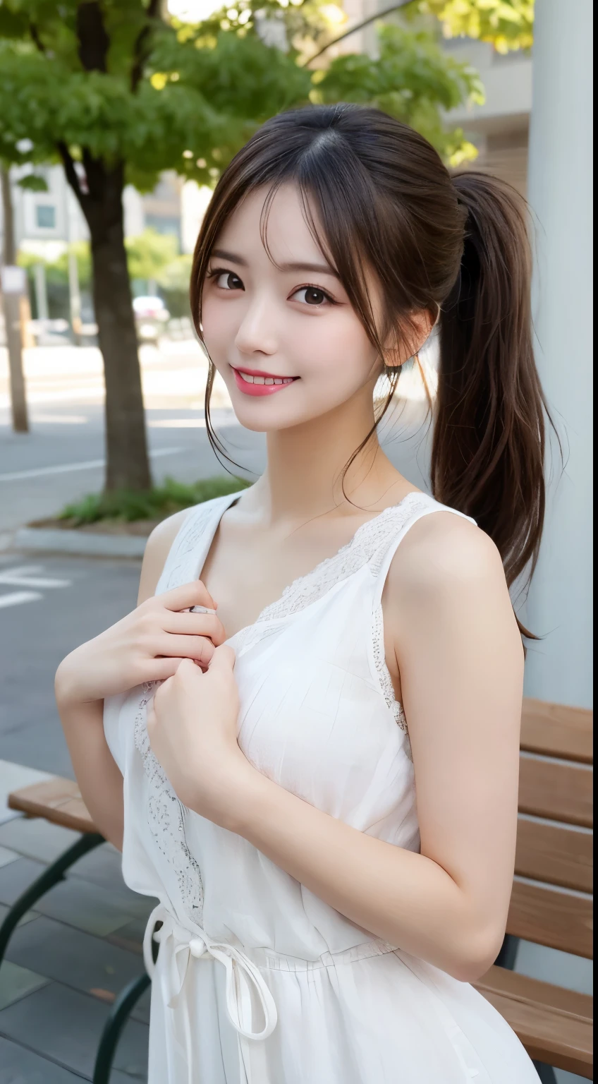table top, highest quality, figure, super detailed, finely, High resolution, 8k wallpaper, 完璧なダイナミックな構figure, detailed and beautiful eyes, dress,long hair, middle of chest, natural color lip, random sexy poses,smile,park bench,ponytail