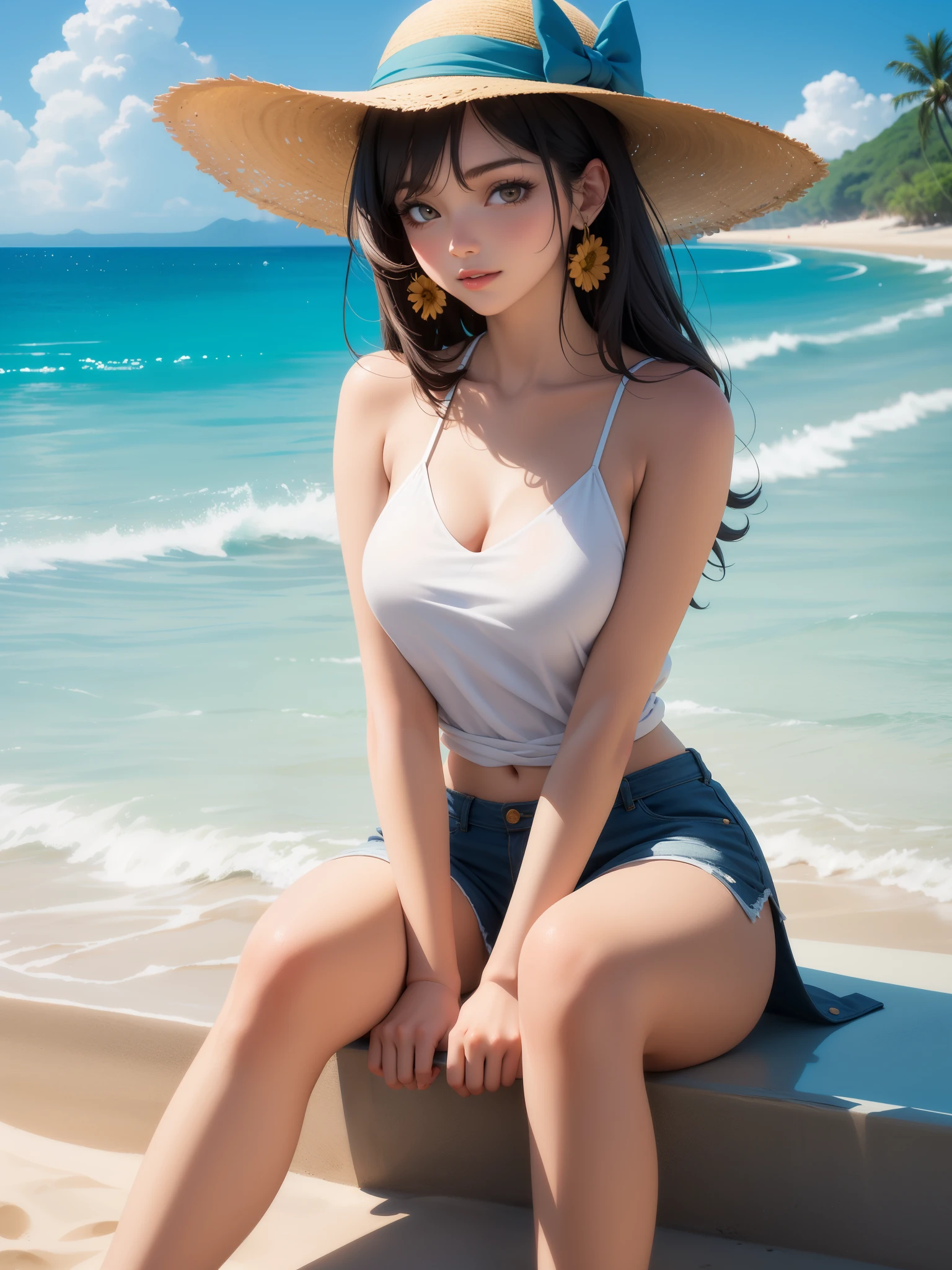 (masterpiece:1.4, best quality), (intricate details), unity 8k wallpaper, ultra detailed, beautiful and aesthetic, perfect lighting, (1girl), dynamic pose, dynamic angle,  lipstick, slim, slim body, (large breasts),(High-waisted_shorts:1.4),(Straw_hat:1.3),(Beach_resort_background:1.4), detailed background, realistic, solo, perfect detailed face, detailed eyes, highly detailed, blush, hair ornament, rolling_eyes, cross-eyed,