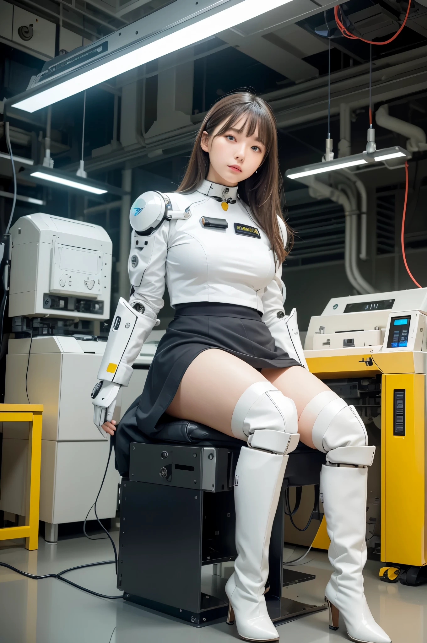 masterpiece, best quality, extremely detailed, Japaese android Girl,Plump,control panels,Mechanical Hand, Robot arms and legs,Mechanical body,Blunt bangs,perfect mechanical abdomen,future laboratory,charging spot,She is sitting the charging spot,laboratory,long tube,thick cable connected her neck, white robot body,The removable cover is in the groin,The connection port is in the groin,assembly plant,miniskirt,leather boots,(blue eyes:1.5)