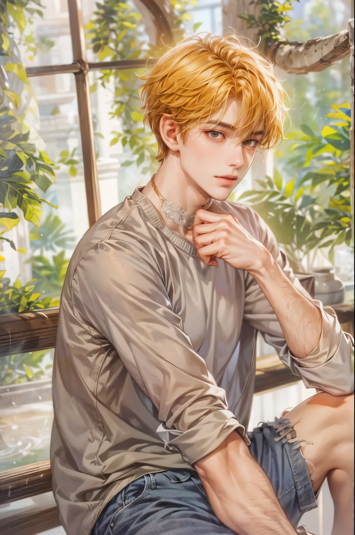 ((Best quality)), ((masterpiece)), (detailed), ((perfect face)), ((halfbody)) handsome face, male, teen boy, perfect proportions , a character from manhwa webtoon orange marmalade, short hair, male version , detailed background, detailed scenery background