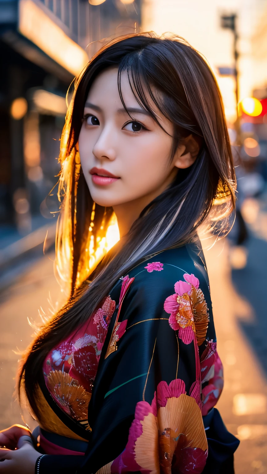 Beautiful Japanese supermodel woman, A lock of hair with slight highlights, black eyes, mixed media, Sexy,street background,Gorgeous kimono , Liquid color flows across her face, Sunset,Photo by Wang Luodan,god of wealth