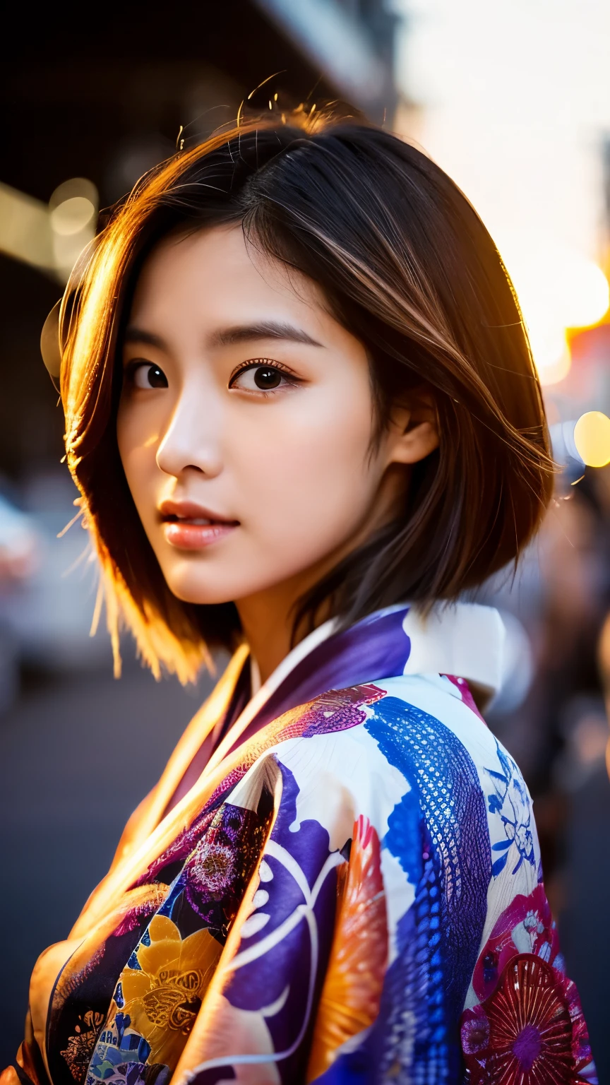 Beautiful Japanese supermodel woman, A lock of hair with slight highlights, black eyes, mixed media, Sexy,street background,Gorgeous kimono , Liquid color flows across her face, Sunset,Photo by Wang Luodan,god of wealth
