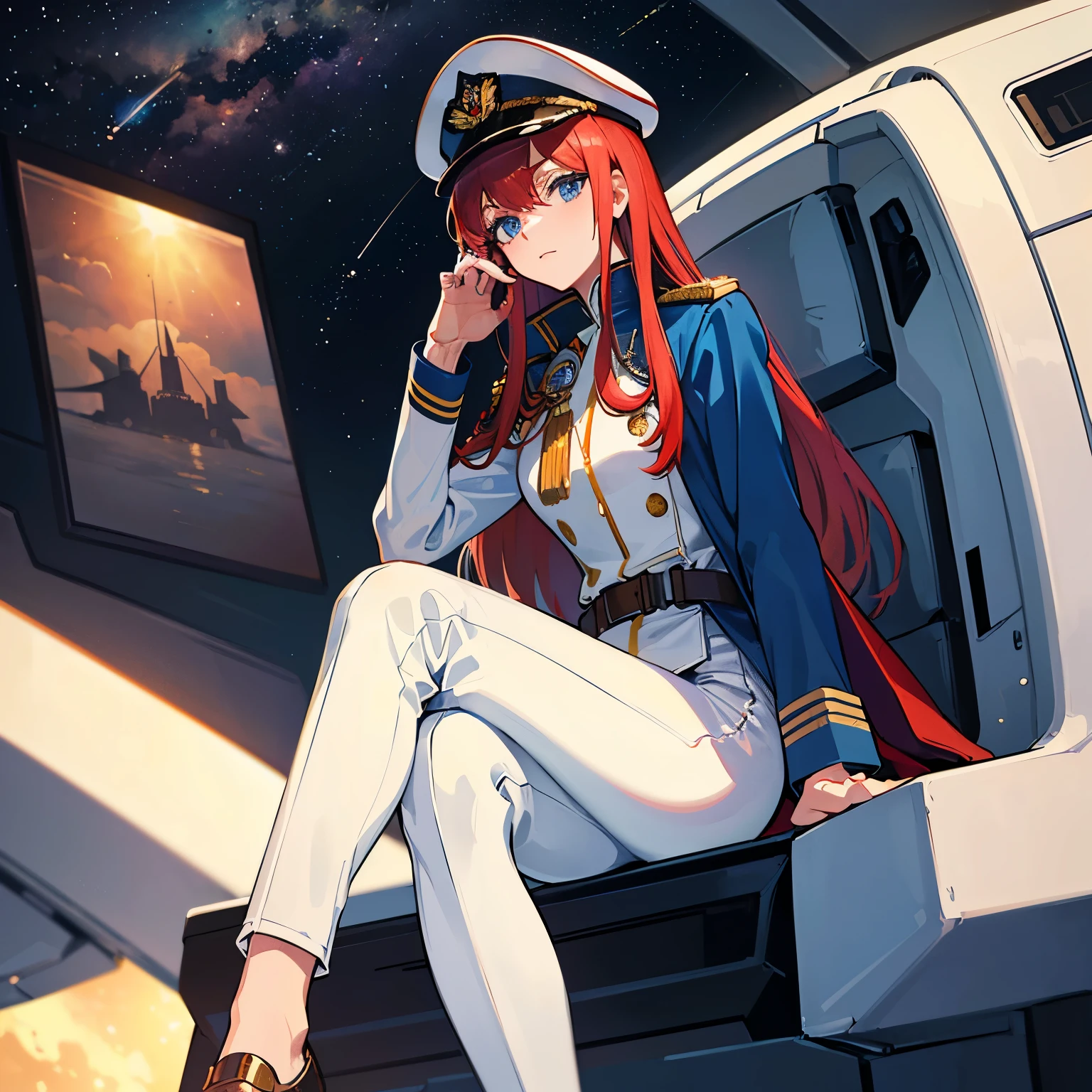 ((Masterpiece)), ((Highest Quality)), ((Best Quality)), (Illustration of One Girl), Full Body, 25 Years Old, Long Red Hair, (Thin Hair on Both Sides of the Face), Blue Eyes, (Tall)), ((Muscular Strong Body)), (Manspreading)), Open Legilitary Uniform)), (Military Hat)), ((Military Coat)), (White Clothes), (White Pants), (White Hat), Trench Coat, ((Inside the spaceship, sitting in the captain's seat)), (outside the window, space, Earth seen from space, spaceport)