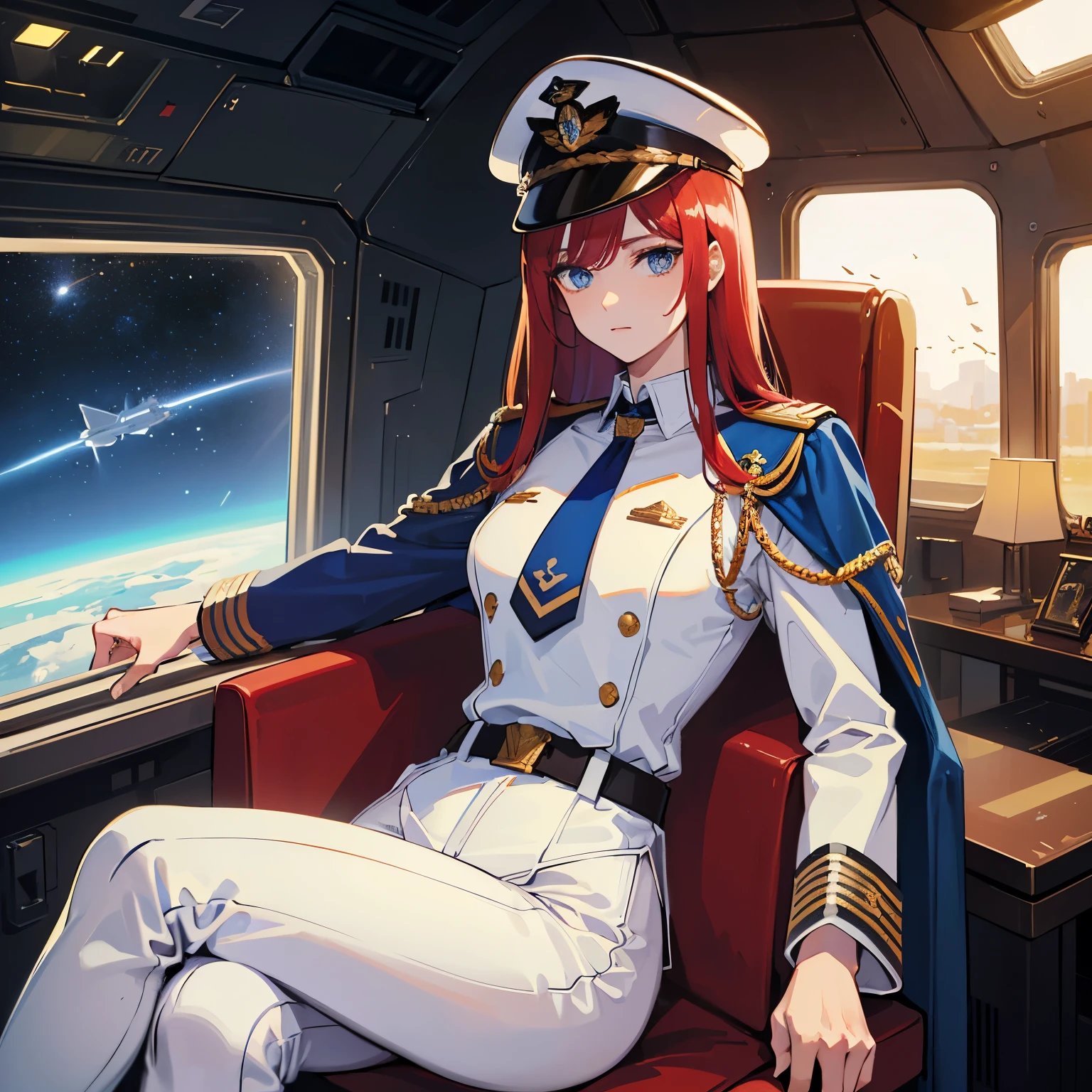 ((Masterpiece)), ((Highest Quality)), ((Best Quality)), (Illustration of One Girl), Full Body, 25 Years Old, Long Red Hair, (Thin Hair on Both Sides of the Face), Blue Eyes, (Tall)), ((Muscular Strong Body)), (Manspreading)), Open Legilitary Uniform)), (Military Hat)), ((Military Coat)), (White Clothes), (White Pants), (White Hat), Trench Coat, ((Inside the spaceship, sitting in the captain's seat)), (outside the window, space, Earth seen from space, spaceport)