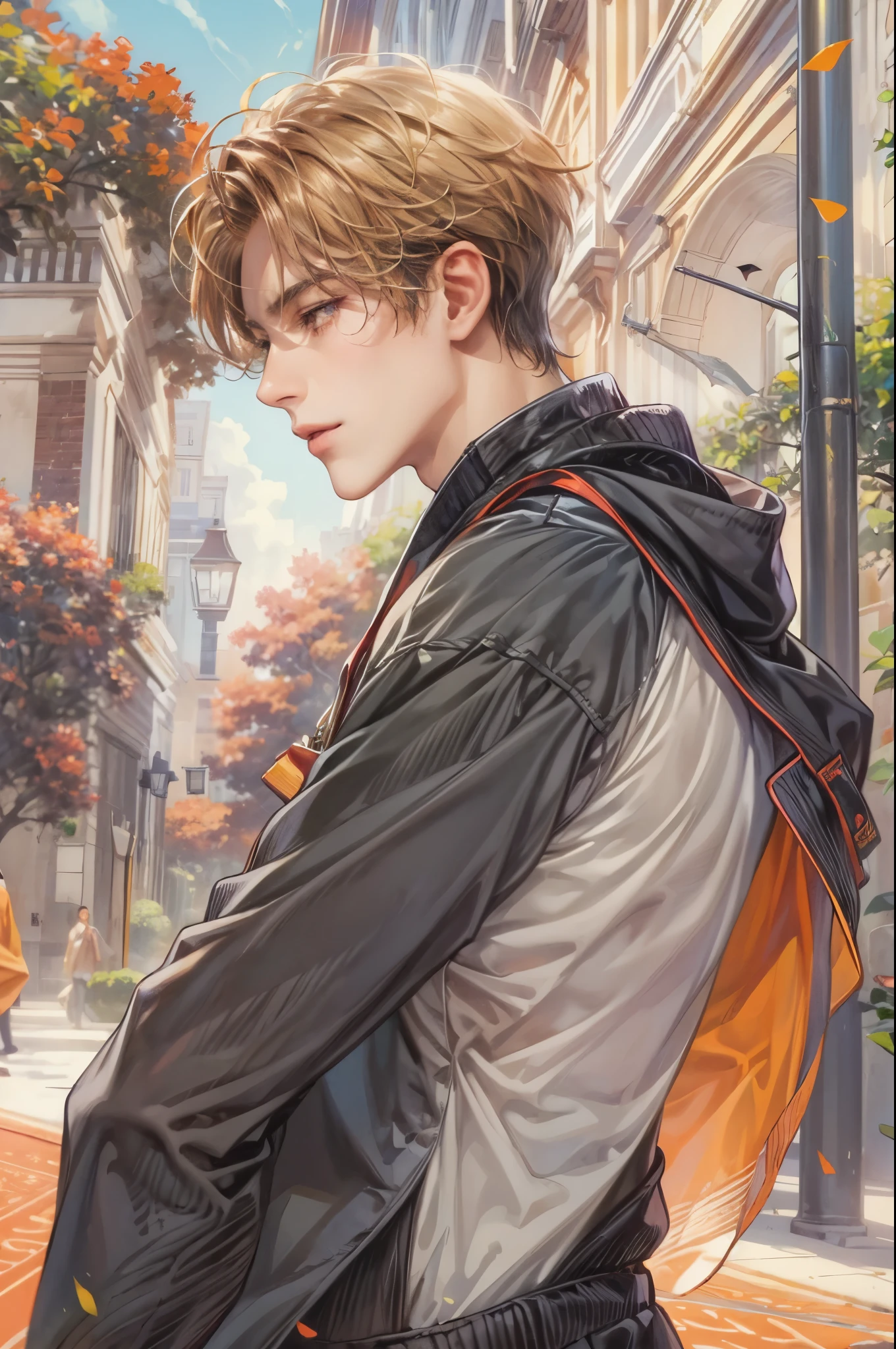 ((Best quality)), ((masterpiece)), (detailed), ((perfect face)), ((halfbody)) handsome face, male, teen boy,  perfect proportions , a character from manhwa webtoon orange marmalade, short hair, male version , detailed background, detailed scenery background 