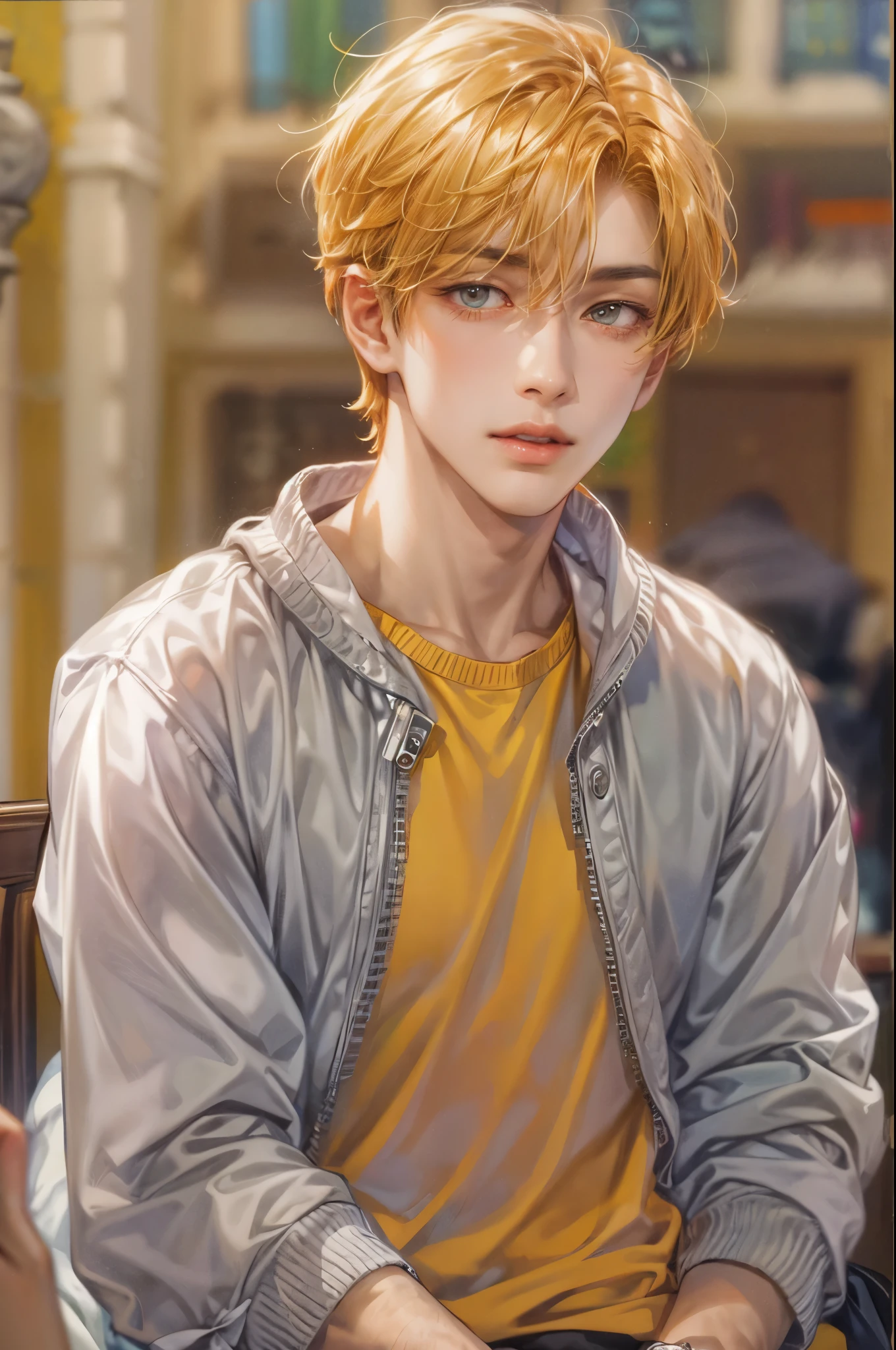 boy with messy blonde hair with green eyes