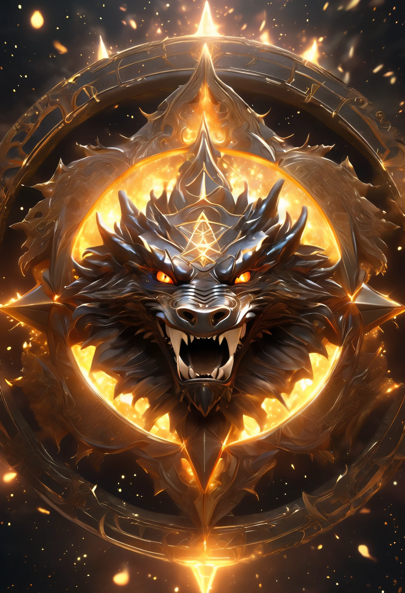 A dragon head emerges from the center of the magic circle,Open your mouth and growl,Gorgeous and huge six-pointed star magic circle,Magical runes suspended in the air sparkle like stardust,8k,Super fine,Super detailed,Rich details,masterpiece,best quality