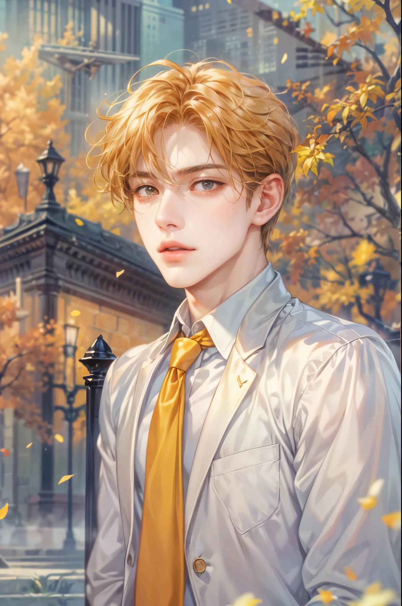 ((Best quality)), ((masterpiece)), (detailed), ((perfect face)), ((halfbody)) handsome face, male, boy, perfect proportions , a character from manhwa webtoon orange marmalade, short hair, male version , detailed background, detailed scenery background