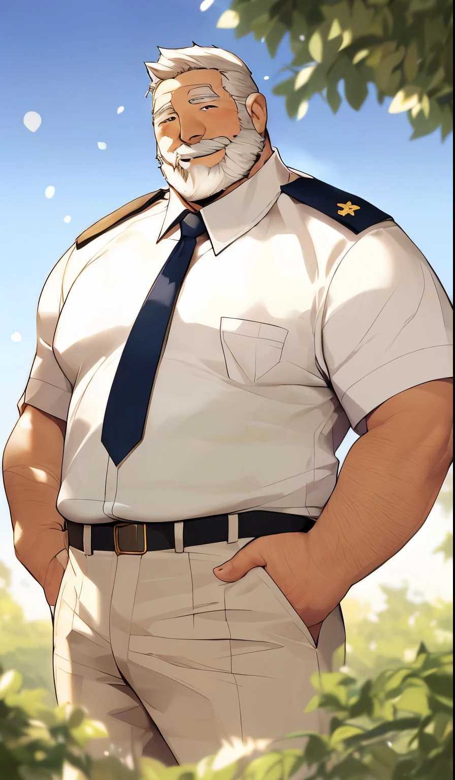 Fat old man，White skin，Navy uniform，shy，exposed，grand background。