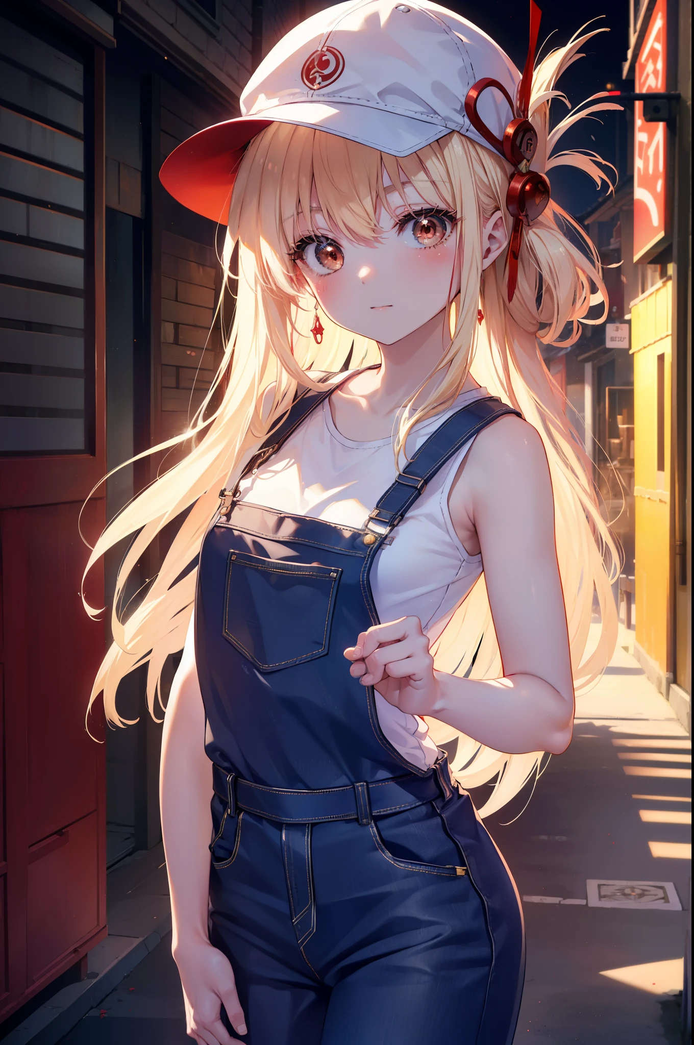 chisatonishikigi, nishikigi chisato, long hair, bangs, blonde hair, (red eyes:1.5), one side up,smile,blush,baseball hat,bare arms,red sleeveless tank top,Overalls with one handle coming off,sneakers,noon,Light of the sun,
break outdoors, In town,building street,
break looking at viewer, (cowboy shot:1.5),
break (masterpiece:1.2), highest quality, High resolution, unity 8k wallpaper, (figure:0.8), (detailed and beautiful eyes:1.6), highly detailed face, perfect lighting, Very detailed CG, (perfect hands, perfect anatomy),