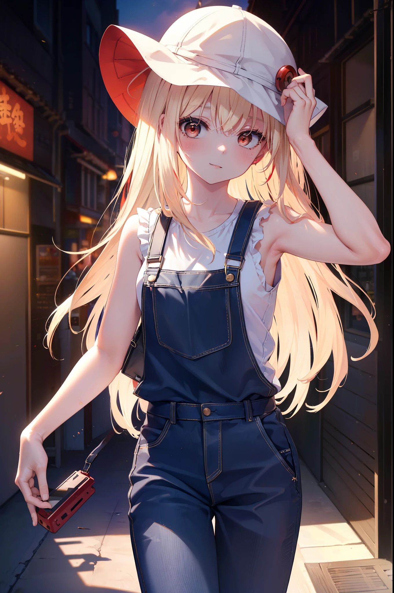 chisatonishikigi, nishikigi chisato, long hair, bangs, blonde hair, (red eyes:1.5), one side up,smile,blush,baseball hat,bare arms,red sleeveless tank top,Overalls with one handle coming off,sneakers,noon,Light of the sun,
break outdoors, In town,building street,
break looking at viewer, (cowboy shot:1.5),
break (masterpiece:1.2), highest quality, High resolution, unity 8k wallpaper, (figure:0.8), (detailed and beautiful eyes:1.6), highly detailed face, perfect lighting, Very detailed CG, (perfect hands, perfect anatomy),