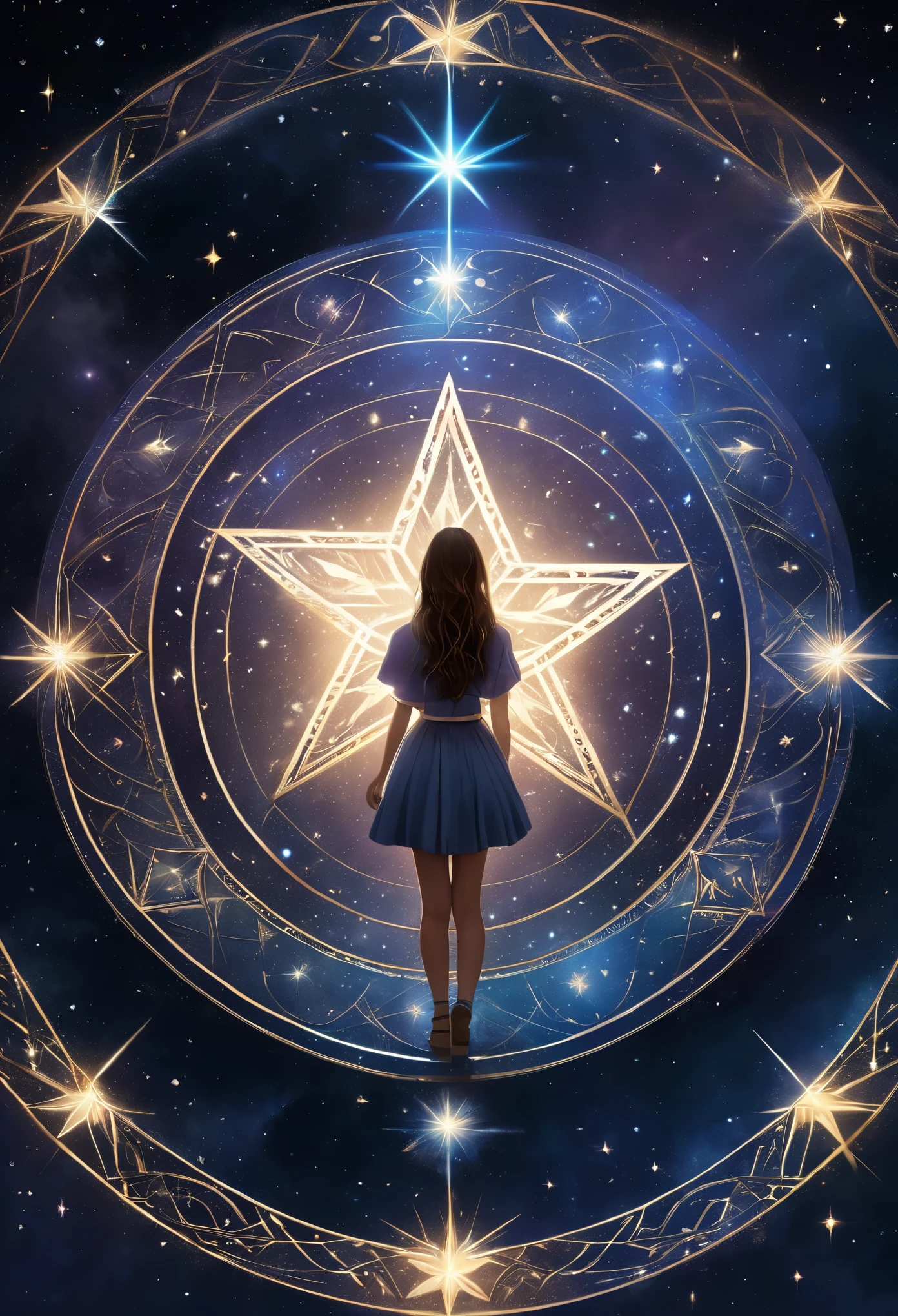 The girl stands in the center of the gorgeous and huge six-pointed star magic circle on the ground,Magical runes suspended in the air sparkle like stardust,8k,Super fine,Super detailed,Rich details,masterpiece,best quality