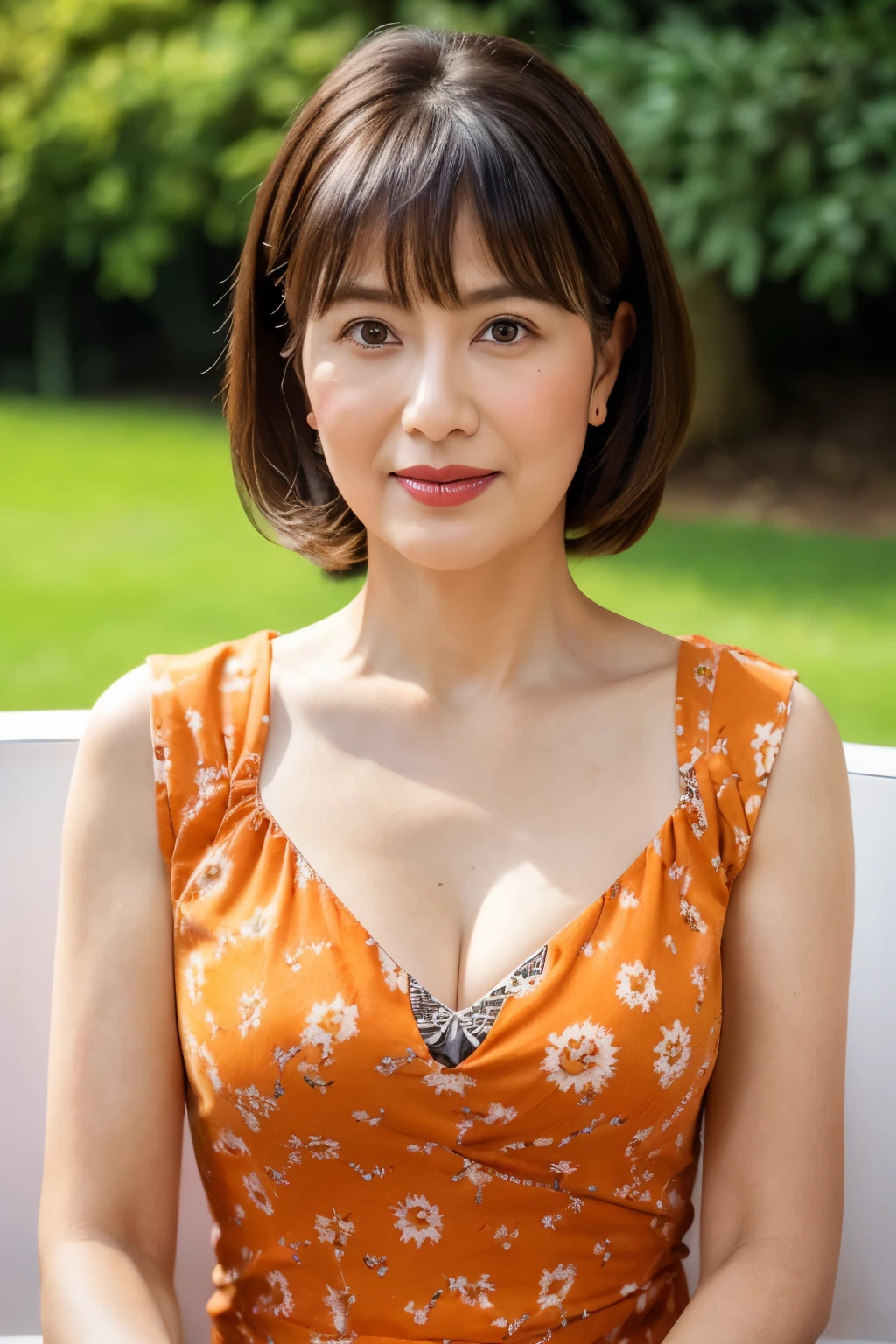 highest quality, masterpiece, High resolution, Photoreal, RAW photo, 8k wallpaper, Flawless, professional lighting, very detailed, written boundary depth, ((one beautiful woman)), 40 years old, sexy woman, ((Fancy red and orange patterned printed dress)), Upper body, ((view audience)), detailed face, beautiful eyes, ((facing the front)), ((sitting on a white wooden bench in the park)), (Sunny), bangs, well-shaped chest, cleavage, black straight hair, faint lips, cowboy shot, ((arm between legs))