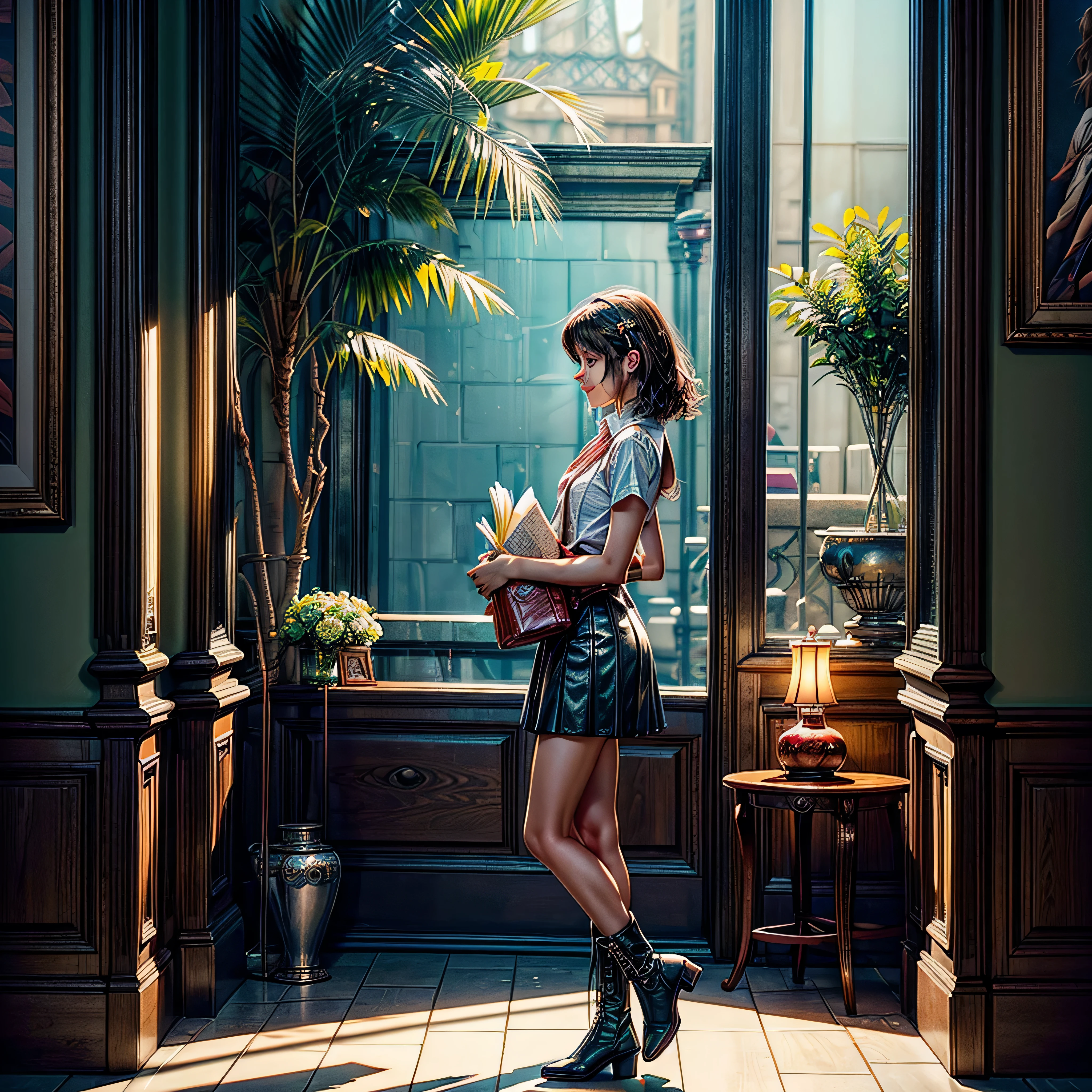 (epic tMasterpiece, ultra highest quality, ultra highest resolution, ultra high-definition, distinct_image, very elaborate CG cinematic_lighting ray_tracing drop_shadows (photorealistic: 1.4), ultra high-quality textures fine-grained realistic face expression): (Epic gorgeous lone girl brown short hair bulb frange gorgeous sparkling eyes, Eye level shot, happy smile, beauty, slim body small size breasts, holiday, own room, console disco, computer, display, keyboard, mouse, long leather skirt, collared shirt, leather vest, handgun holder, carrying leather bag on your back, long boots, antique radio, coffee, model train, bookshelf, spacious yellowchair, Pots, fans, paintings, stuffed animals, ties, notebooks, stationery, vases, photo frames, letters, fountain pens, calendars, lamps, cushions, baskets, mirrors reflecting in profile, candles, telephone, fruit, newspapers, sweets, city Eiffel view outside the window), Pendulum clock frog, varied multi etc. --v6 --s1000 --c20 --q5 --chaos100