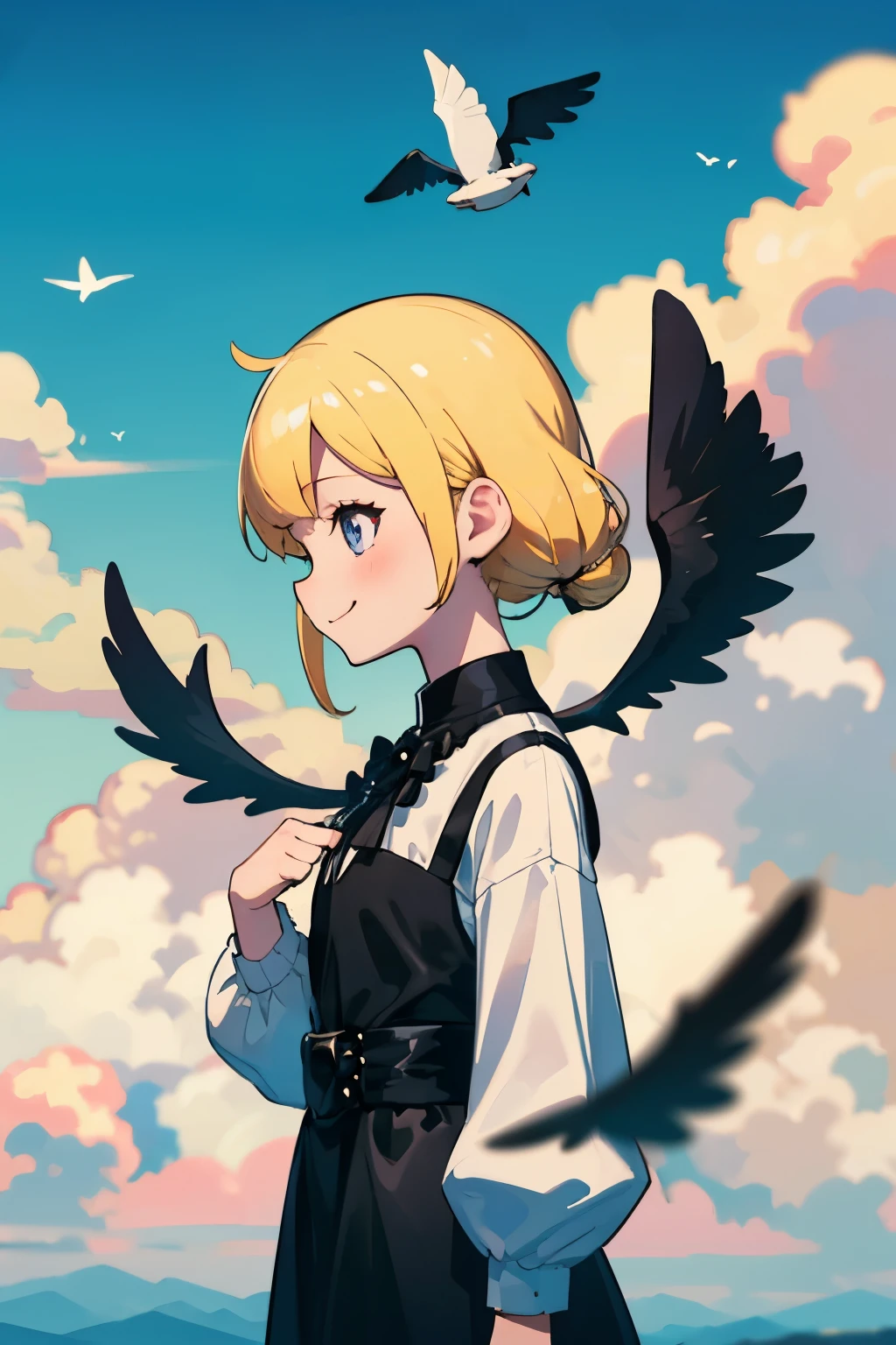 Blonde girl with black wings and black pearls in a white dress of transparent thin fabric、Shine、Flying above the clouds、smile、From the side