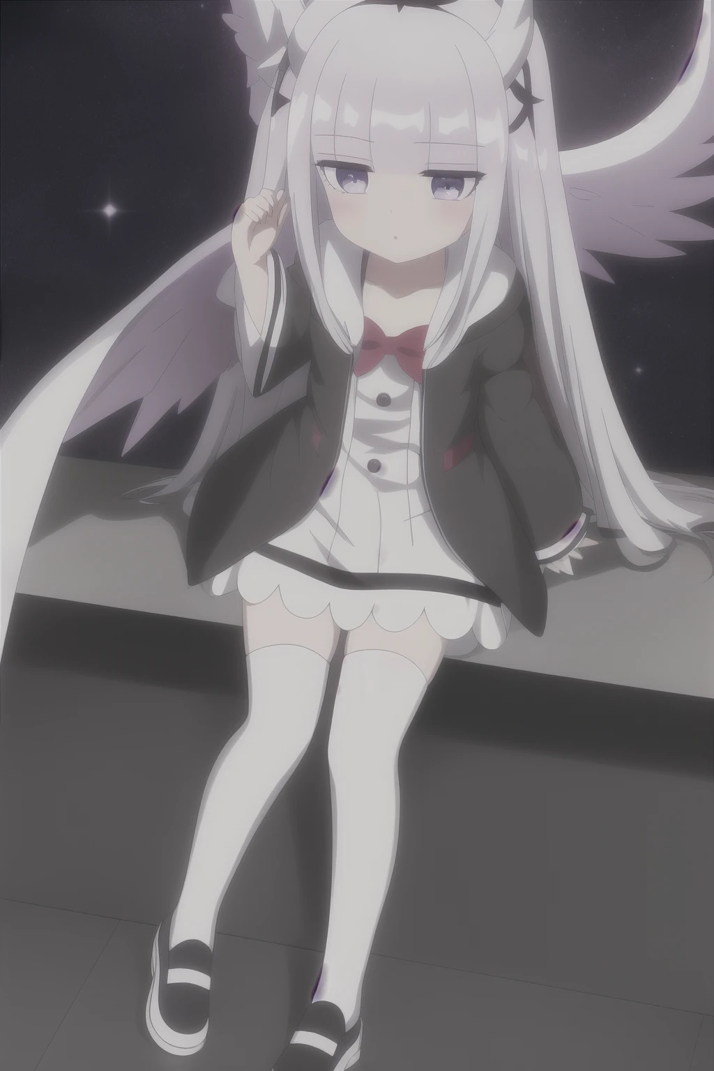 1 Short and cute girl, pale skin, long white hair, light eyes, short black casual dress, (White Horns on her head, demon girl), cosmic entity, cute girl with goddess look, big white wings, classic shoes black feminine, deity, cosmic entity