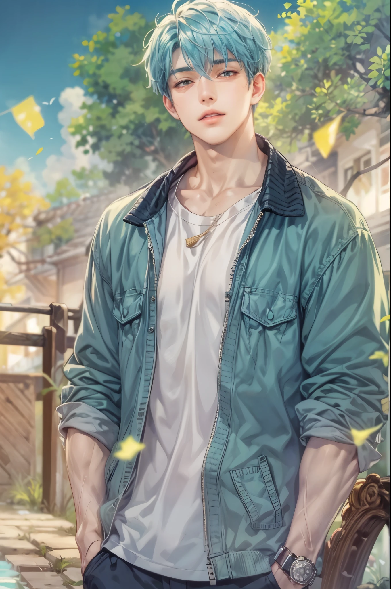 ((Best quality)), ((masterpiece)), (detailed), ((perfect face)), ((halfbody)) handsome face, male, teen boy, perfect proportions , a character from manhwa webtoon orange marmalade, blue short hair, male version , detailed background, detailed scenery background