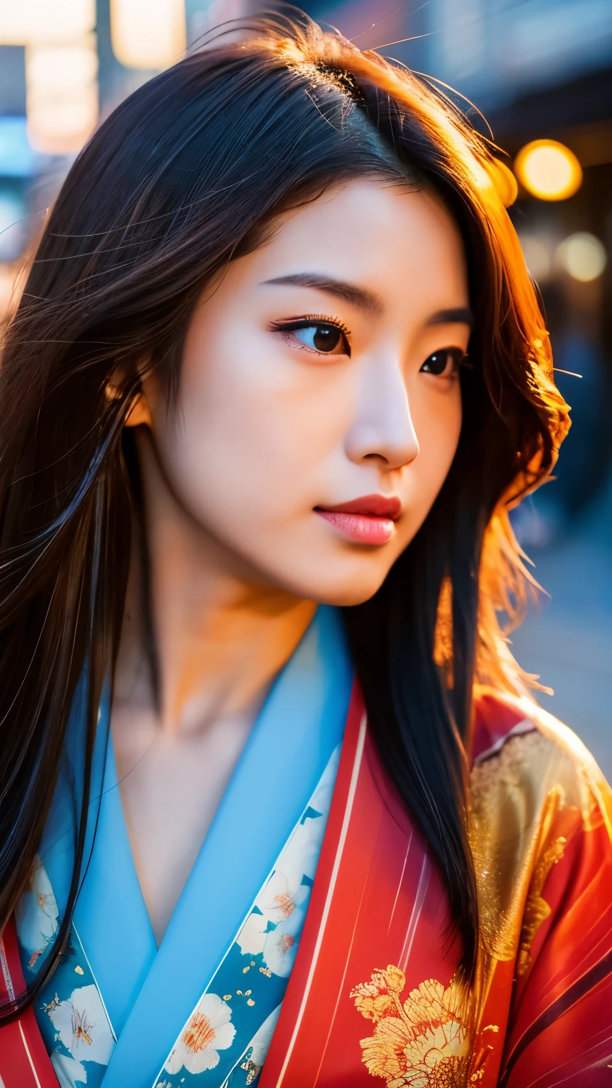 Beautiful Japanese supermodel woman, A lock of hair with slight highlights, black eyes, mixed media, Sexy,street background,Gorgeous kimono , Liquid color flows across her face, Sunset,Photo by Wang Luodan,god of wealth