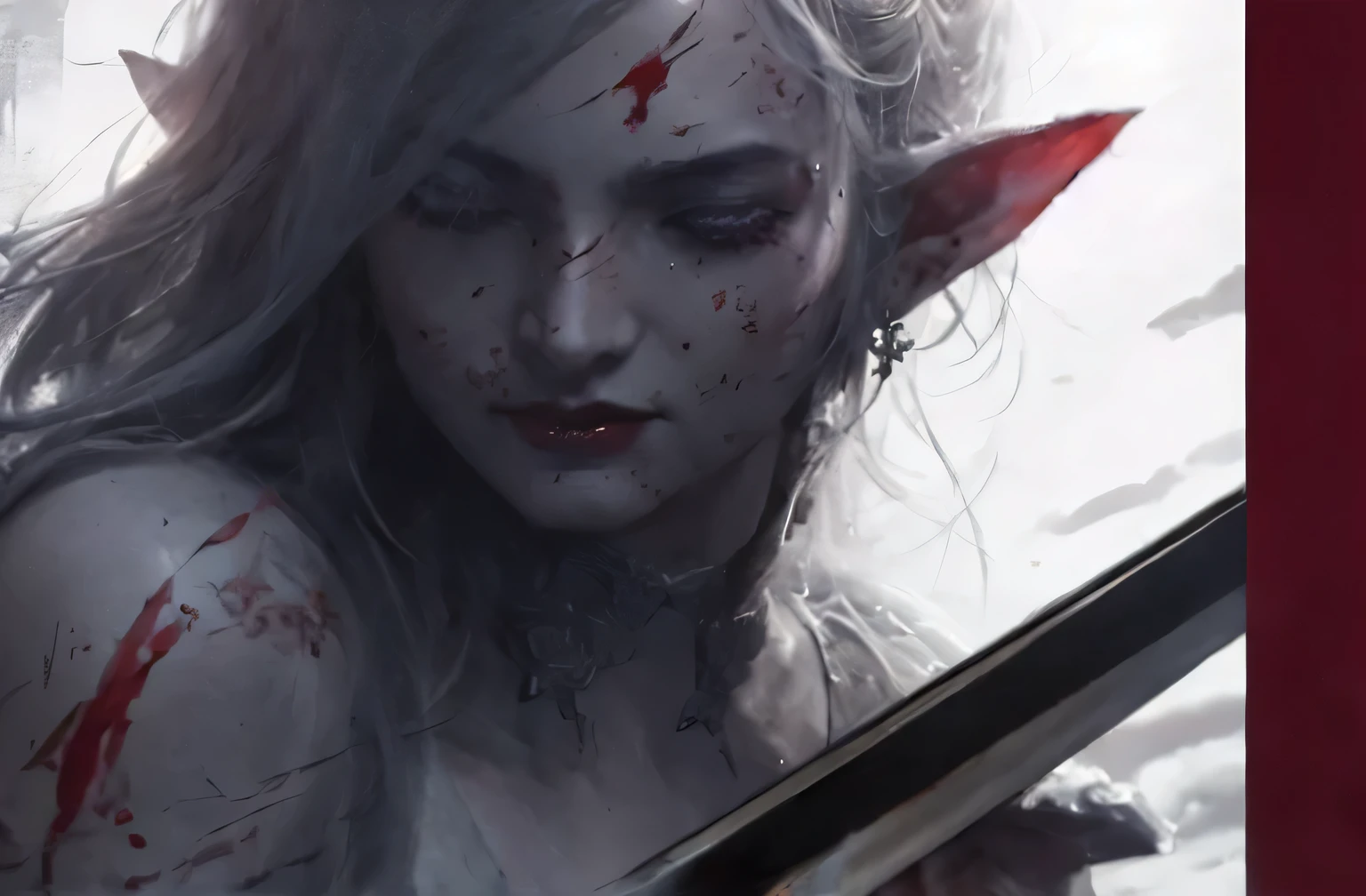 There is a woman with blood on her face holding a knife, Wallop rossdraws, inspired by wlop, Gurwitz style artwork, by wlop, Ross Painting 1. 0, Dark Elves maiden, bloody + concept art, Wallop |, art of Wallop, Dark Elves, dark fantasy style art, A combination of dark fantasy and realism，A painting of a woman holding a sword, inspired by WLOP, Wallop rossdraws, Ross Painting 1. 0, Gurwitz style artwork, Wallop and krenz cushart, Wallop and rossdraws, Wallop loish and clamp style, Ross Painting 2. 0, Wallop |The picture shows a woman holding a sword in her hand, perfect Drow, Drow, Dark Elves, female Drow elf, quick paint, Ross Painting 1. 0, portrait dnd, Rose, digital sketch, Inspired by Jeffrey Catherine Jones, Dark Elves maiden, handsome Drow, DND Fantasy Art, Dark Elves 超详细的水彩画