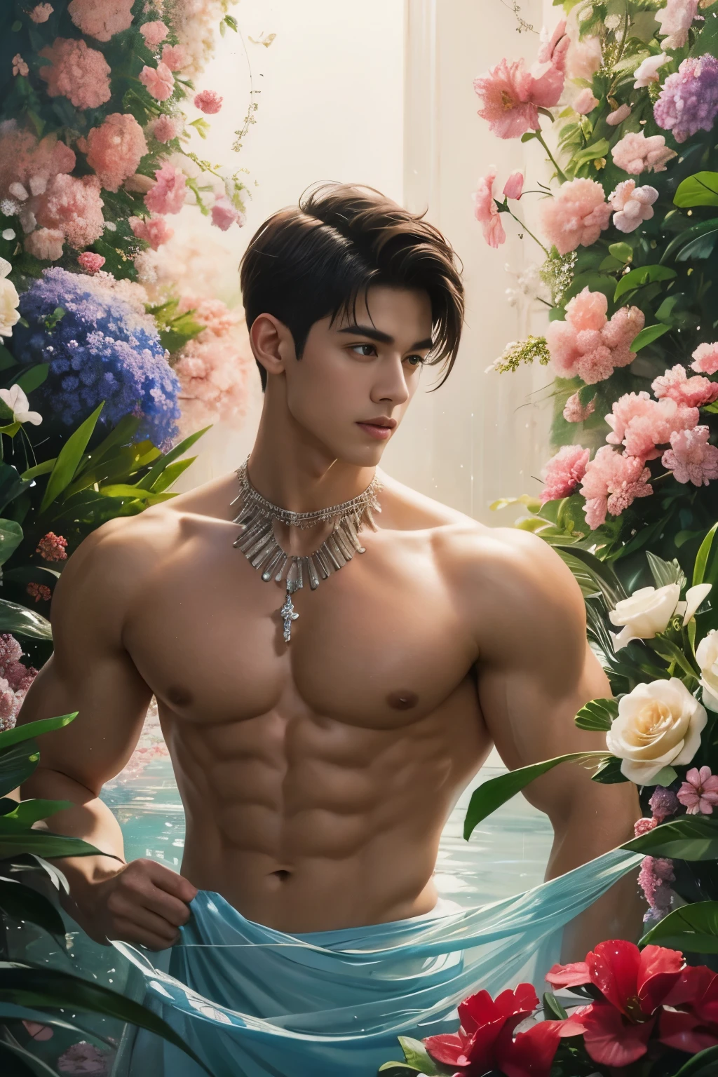 a muscular, 1 muscular man, solo, (oil painting:1.5), (NSFW:1.2), a muscular man joyfully twirling in the raining paint, 1boy, short hair, floral, Lycianthus ,In light pink and light blue styles..., Dreamy and romantic composition..., dripping flowers on his face, in the style of collage-based, made of insects, william wegman, colorism, white background, pencil art illustrations, national geographic photo, luxurious, extravagant, stylish, , opulent, elegance, stunning beauty, professional, high contrast, detailed, Depict a dreamy, whimsical scene with elements that seem to merge with the background,