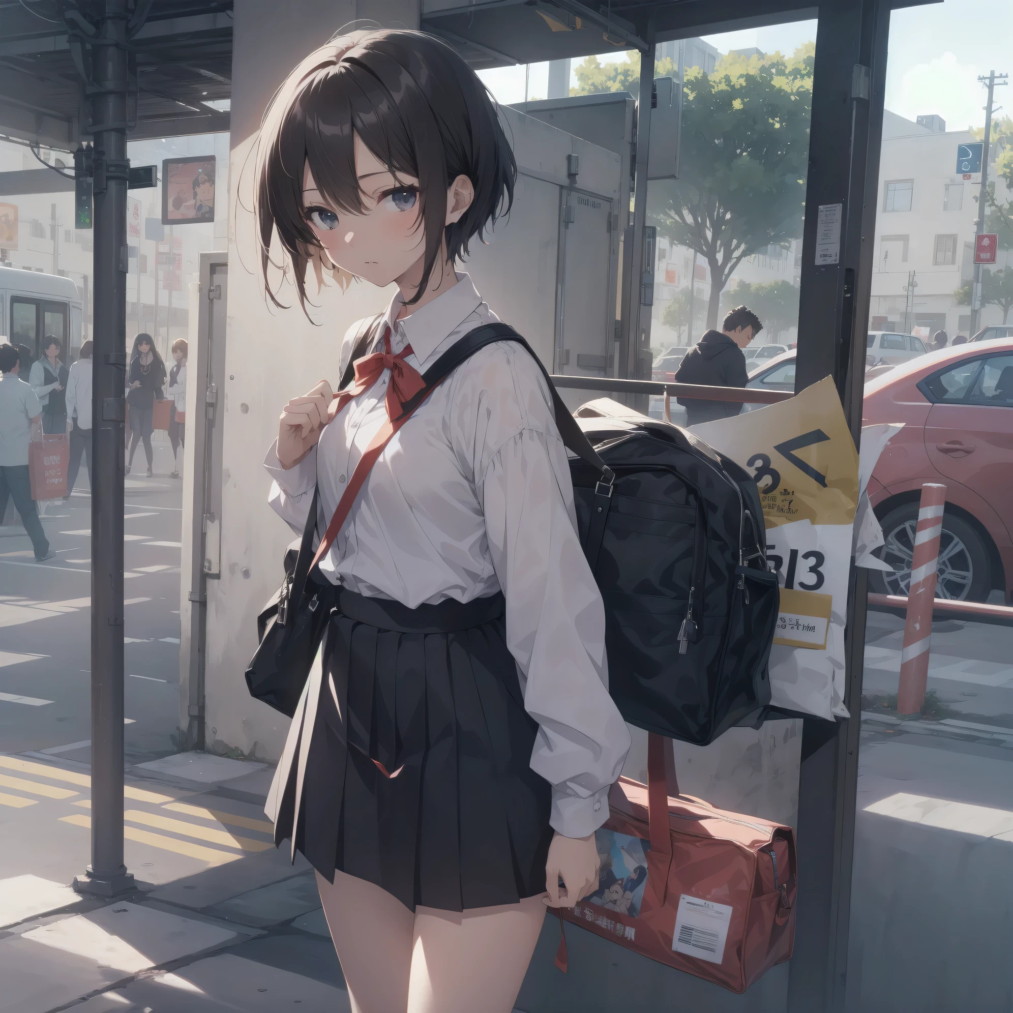 Super absurd quality by the god of art, super detailed, High resolution, anime moe art style, Best Anime 8K Kona-chan Wallpaper, pixiv contest winner, perfect anatomy, break,(眠そうにalone学校へ行く女の子を描いてください. )break,1 girl, (alone,little woman, baby face, 13 years old:1.3),All limbs, full finger,, The charm of an immature body, (very_short hair), Bang, flat chest, small ass, between legs, small black eyes, detailed and beautiful eyes, Well-proportioned iris and pupils, expressive eyes, sleepy eyes, High resolutionの詳細な髪, neck ribbon, shirt, collared shirt, skirt, pleated skirt, school uniform, school bag,(detailed lighting), (detailed background), On the way to school. break,super dense skin, Best cinematic lighting powered by famous artist, 8k, Beauty Illustration,photoshop_(Moderate),Absurd Hi-Res,Hmm,rough skin,break,((artist:shinkai makoto)), artist:Ilya Kuvshinov,artist:kirisawa juuzou,artist:Fujiyama