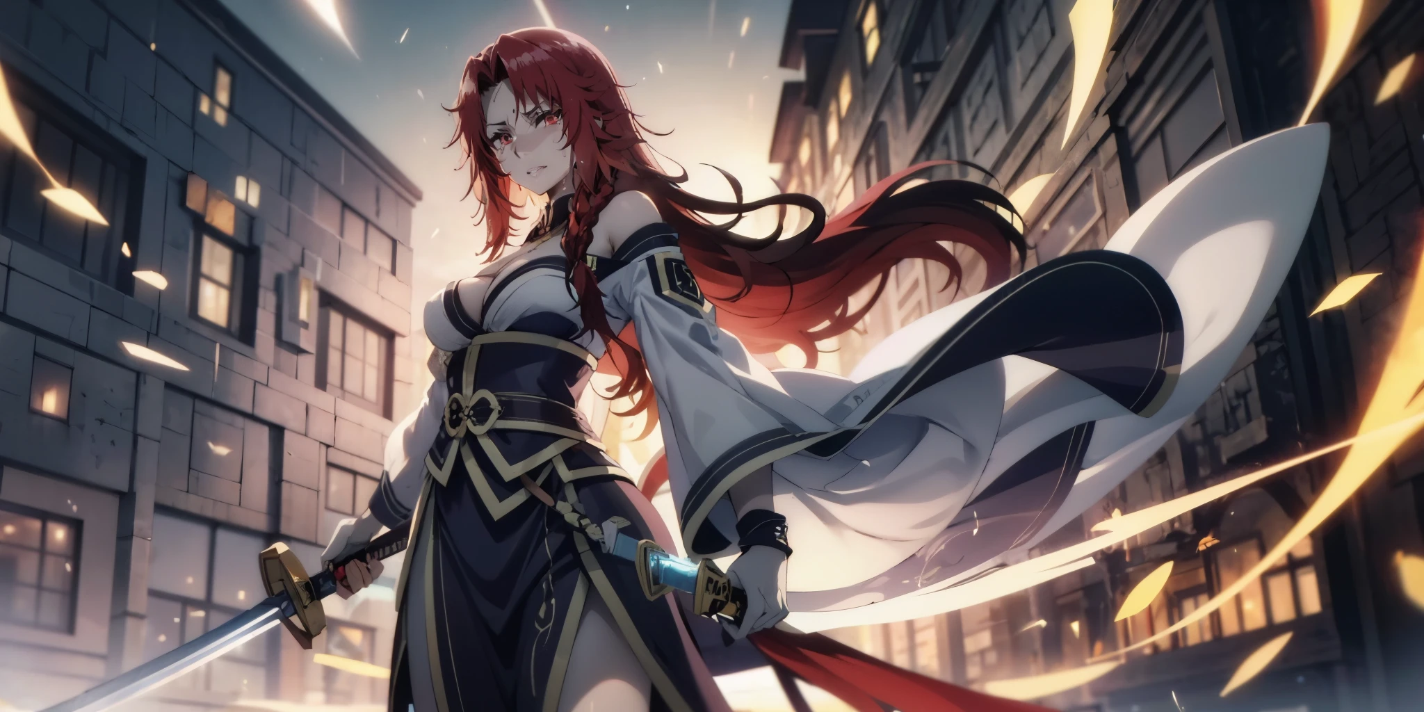 iris, red hair, long hair, braid, red eyes, anatomically correct, hanfu, holding katana, Motion blur, Depth of field，A place where strange boulders are bent，The moonlight shone on the side of the girl's face，22 year old，realisticlying，Female Taoist，no-bra，vacuum，Extra-long sleeves，Off-the-shoulder attire，huge tit，cleavage，Hanfu long skirt，Extra-long hair（1.9），Color gradient for long hair(1.5)，Messy hair，Taoist sword，Taoist costumes，Taoist charm，Barefoot，realskin，realcumAI，Snow-white skin，Snow-white thighs，Top image quality，Extreme light and shadow，From below，Colorful tights，High details，Standing painting，lines of movement，Panorama sword dance，Dance，Glowing water surrounds you，Glowing gas surrounds you，From below, hollow eyes, facing viewer, smirk, upper teeth, lips, red eyes, sweating, wet, looking at viewer,