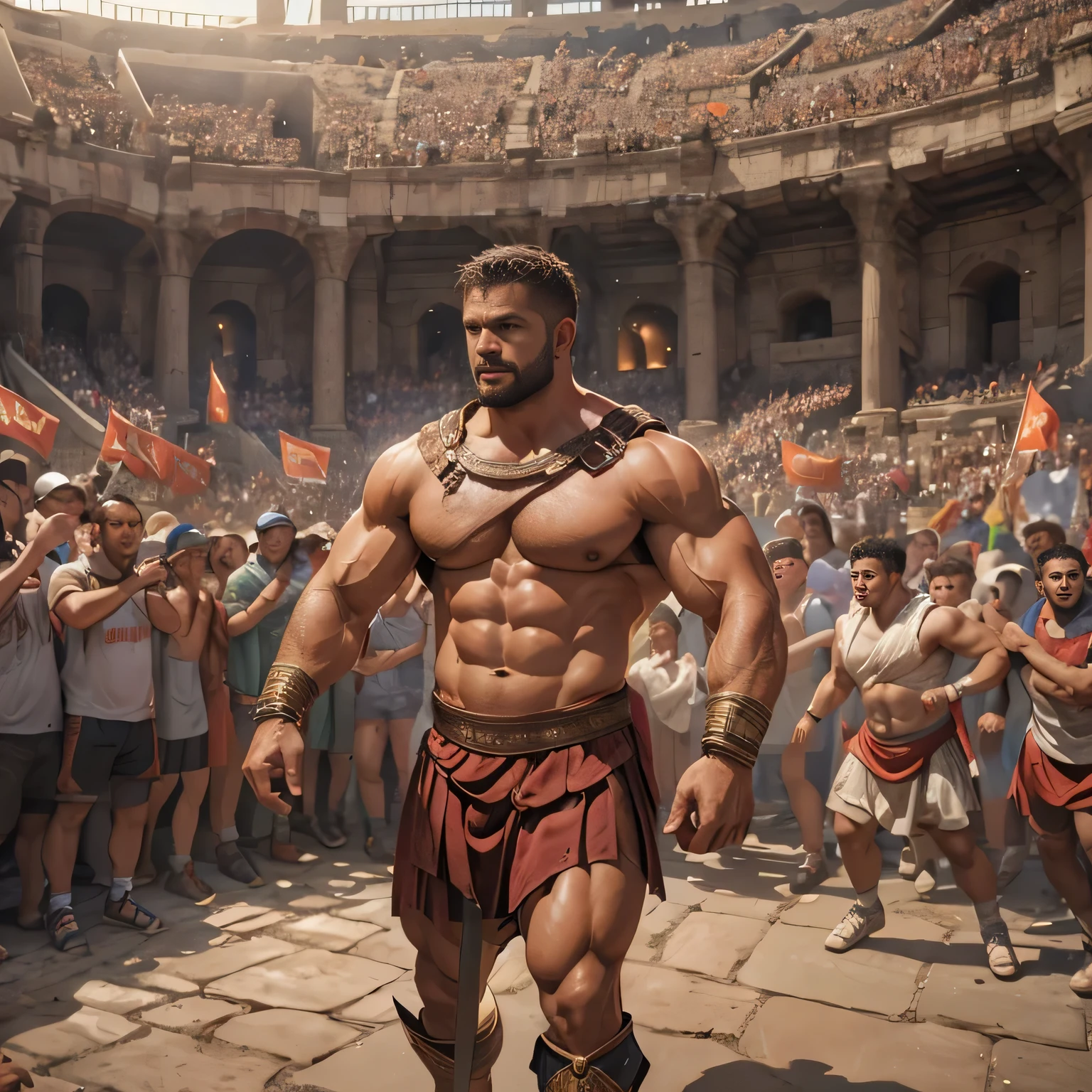 Mighty gladiator, full body shot, legs unclothed from thighs to feet, crew cut hair, detailed muscular physique, lifelike depiction, 4K resolution. Background: Roman colosseum filled with cheering crowd, best quality, masterpiece, super detail, high details,