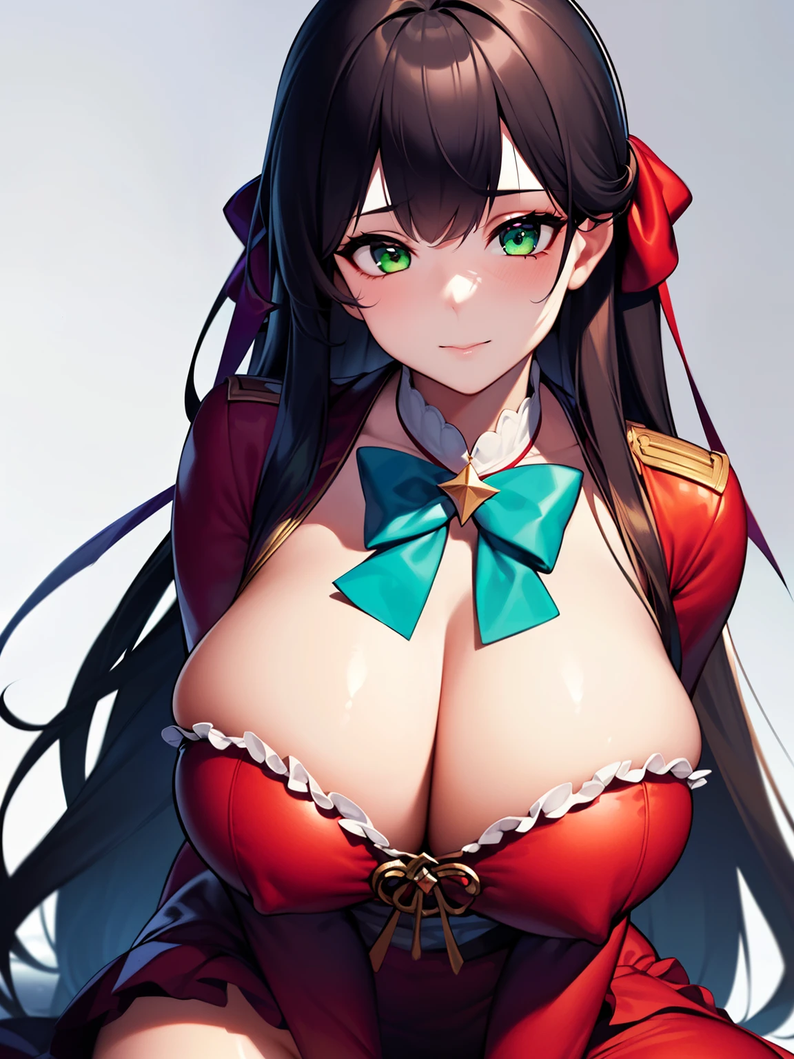 (8K, Best quality, tmasterpiece:1.2),\(eye detailed\),(\(Clothes detail details\)\),full bodyesbian,(huge tit),(Facial focus) ,Very detailed CG unity 8K wallpaper,hugefilesize,ultra - detailed,A high resolution,absurderes,beautidful eyes,Ray traching,dramatic shadow,finely detailled,Dramatic angles,Hyper-detailing,(1 girl:1.3),(Solo),,Mature female,Long hair black,Green eyes,Wearing(cosplaying_magical girl,very cute red dress with ruffles,Large Ribbon Bow Tie Back),
