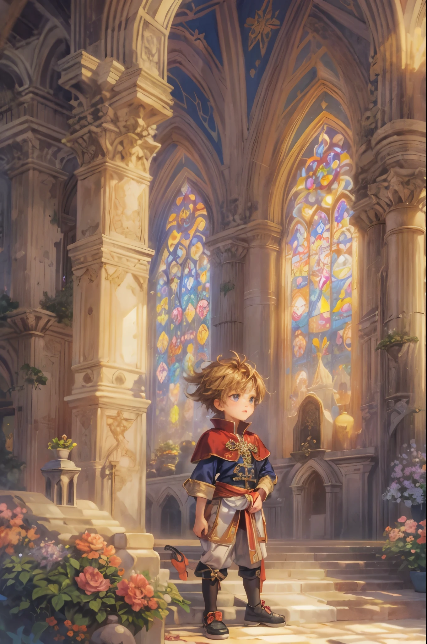 ((Best quality)), ((masterpiece)), (detailed), ((perfect face)), ((halfbody)) handsome face, male, teen boy, perfect proportions , a character from anime legend of mana teardrop crystal, brown short hair, male version , peaceful church of domina scene, detailed church of domina background, detailed ghibli scenery background