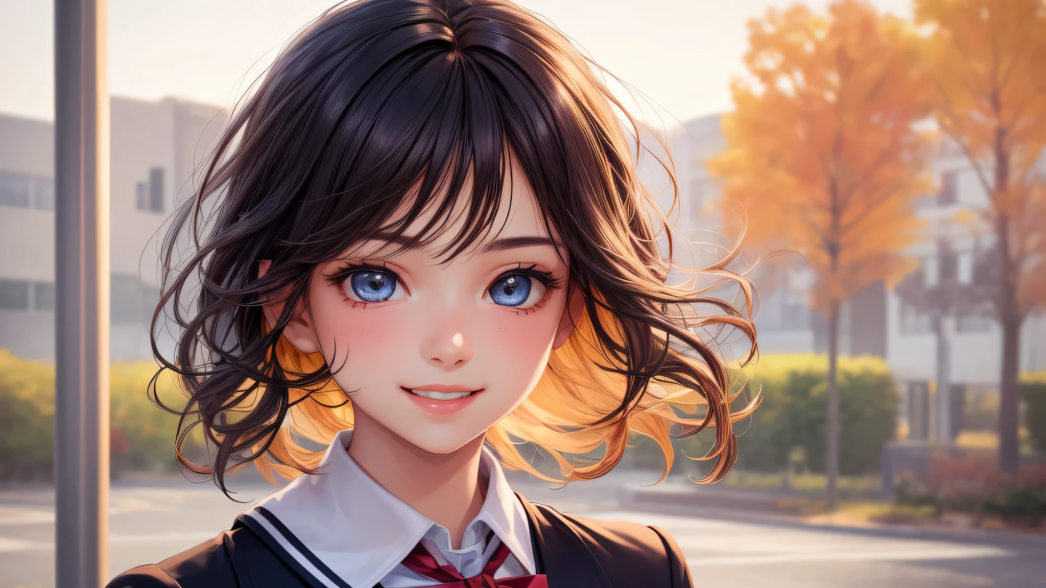 (1 girl:1.2), very cute face, Smile, (highly detailed eyes, highly detailed face), Fresh, very beautiful appearance, (surreal, High resolution), (highest quality:1.4), professional photography, (high school uniform, pleated mini skirt:1.2), smile a little, schoolyard, schoolyard, Upper body, focus on the face,