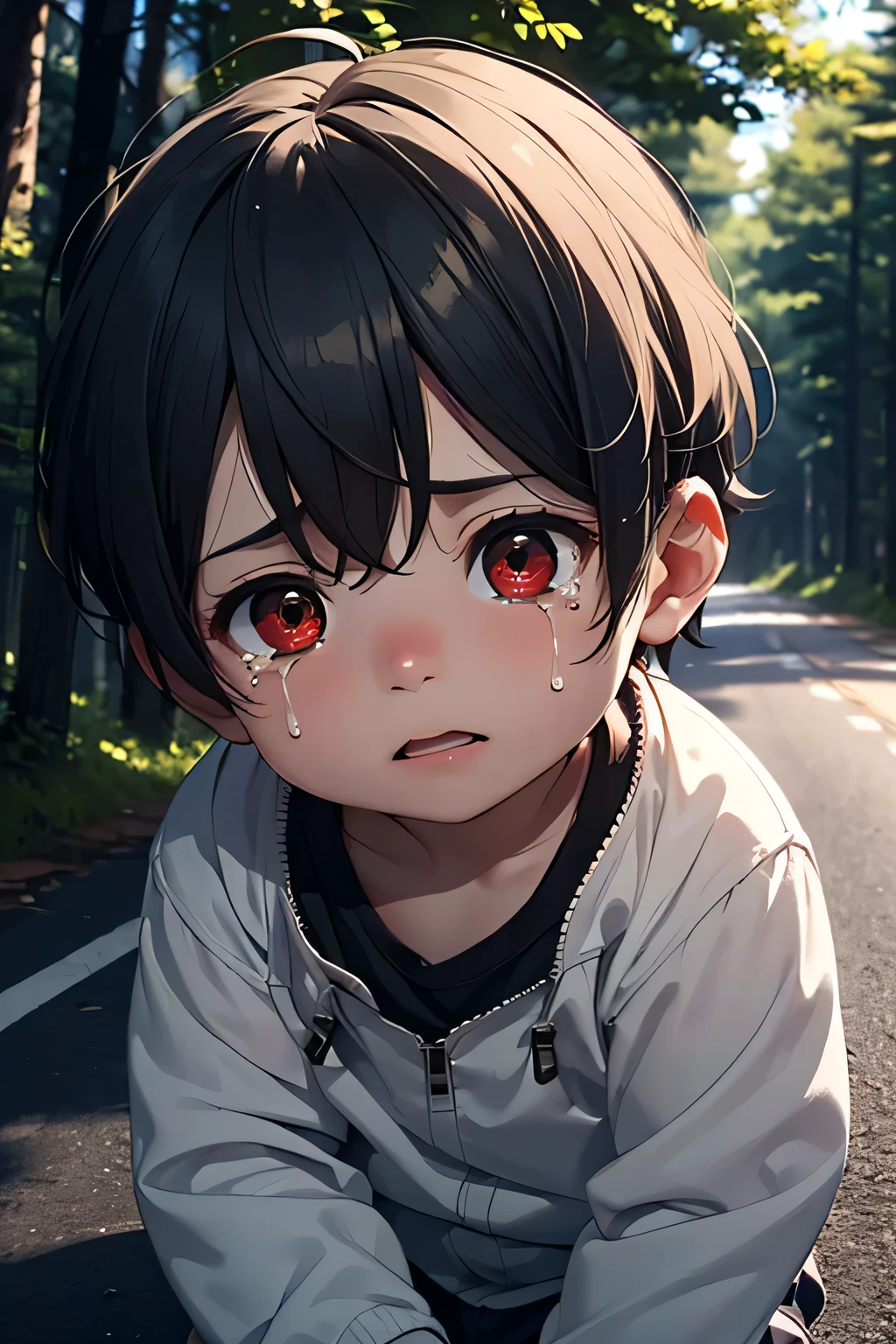 um menino, aproximadamente seis a nove meses de idade com olhos vermelhos, alone on a road near the forest at night, your face is streaming tears.