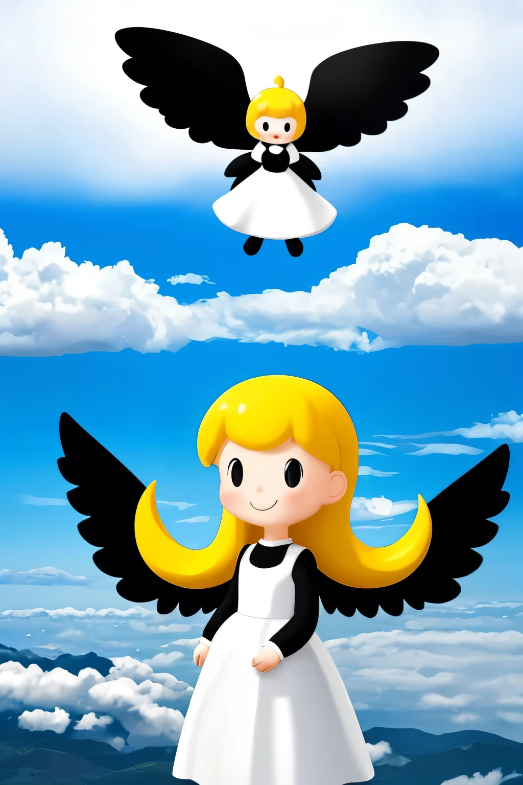 Blonde girl with black wings and black pearls in a white dress of transparent thin fabric、Shine、Flying above the clouds、smile、From the side