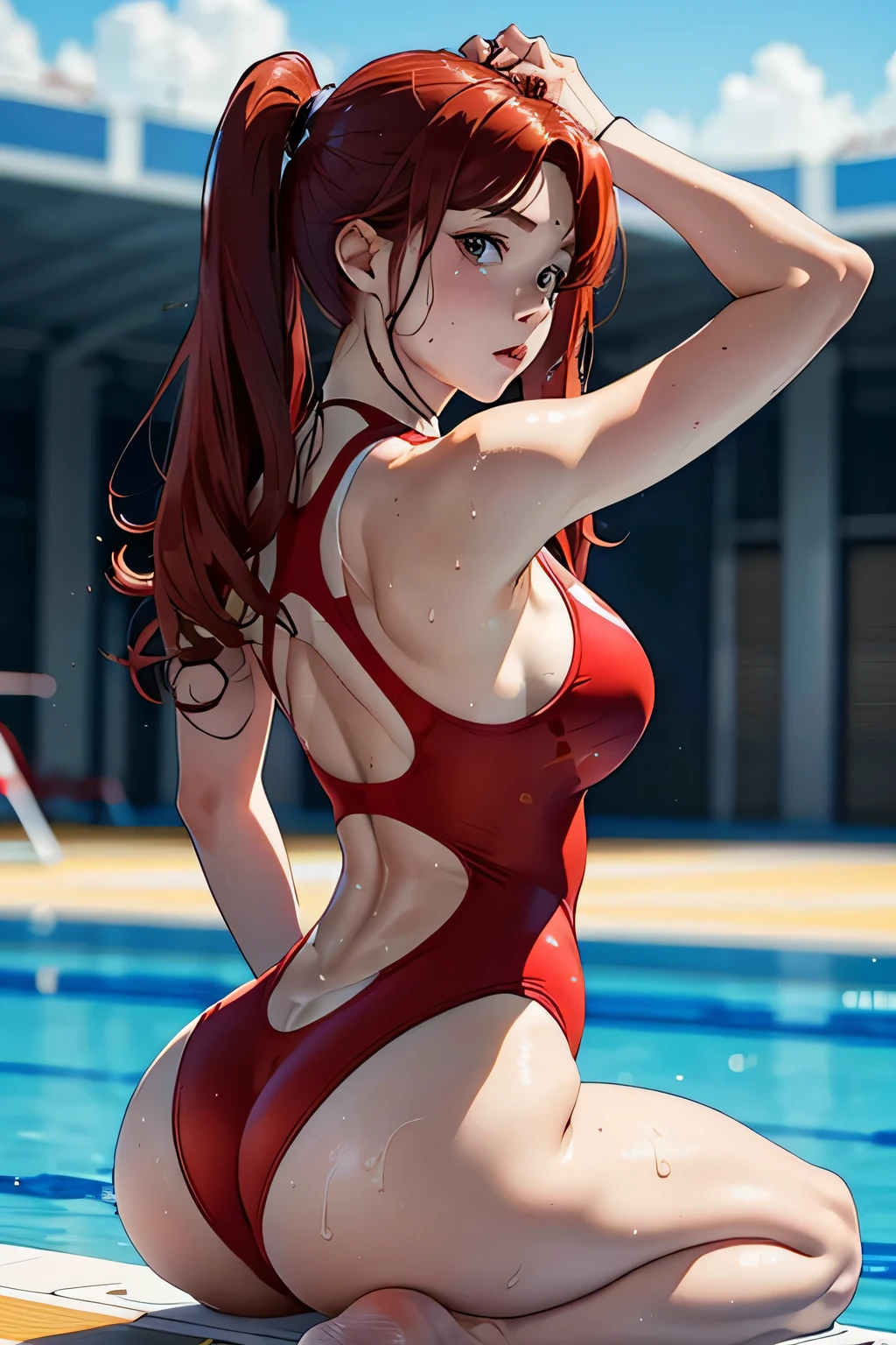 low angle shot,shoot down and up、Back photo。Kneel behind、Show her ass,actual、Super high chroma、8k、Long red hair(((30 year old woman)))、((((She is wearing a red competition swimsuit。))))、competitive swimmer、big breasts、Thick thighs、Pay attention to muscle development。競泳プールolympic Comcompetitive swimmerics stadium, Highly detailed face and skin textures,(natural cheeks, skin shiny, White skin,, (glossy lips: 1. 4),Sweating 1.0、(((vitality)))
