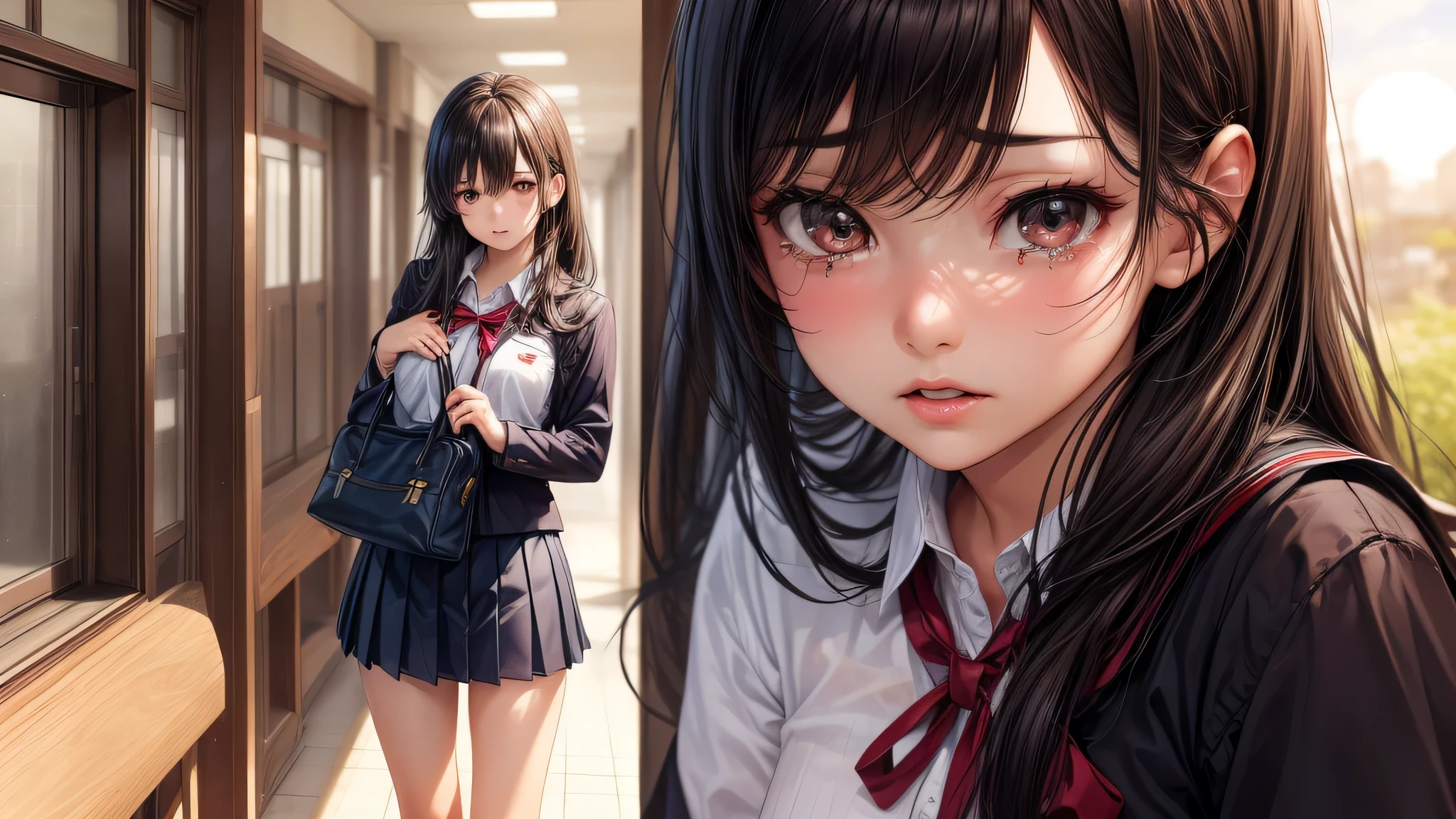 (1girl), brown eyes, air bangs, (highly detailed eyes, highly detailed face), (hyper-realistic, hight resolution), (best Quality:1.4), (high school uniform, pleated mini skirt:1.2), model, Enchanting, Japanese school, Japanese school hallway, alone, tears in her eyes, The setting sun shining through the school hallway, anime,