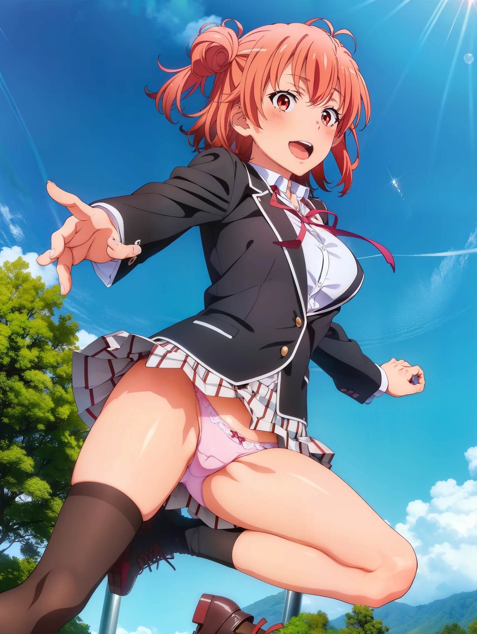 1 girl,playground,(Yuigahama Yui),big breasts,jump,open mouth smile,(whole body:1,0),Low - Angle,Wearing sneakers,uniform,black blazer,shirt,red ribbon,check skirt,socks,(Pussy cameltoe:1.0),(Pink Lace Panties),