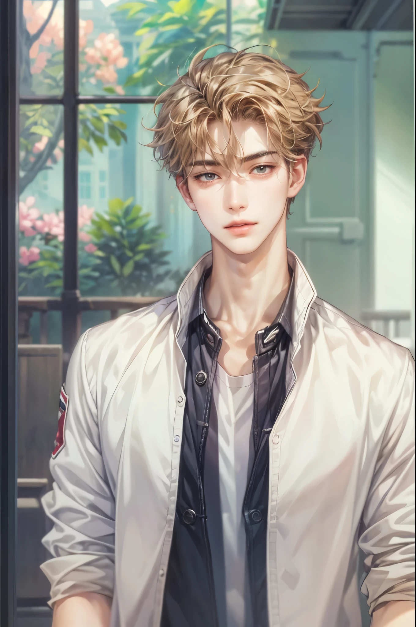 ((Best quality)), ((masterpiece)), (detailed), ((perfect face)), ((halfbody)) handsome face, male, teen boy,  perfect proportions , a character from manhwa webtoon business proposal, short hair, male version , detailed background, detailed scenery background 