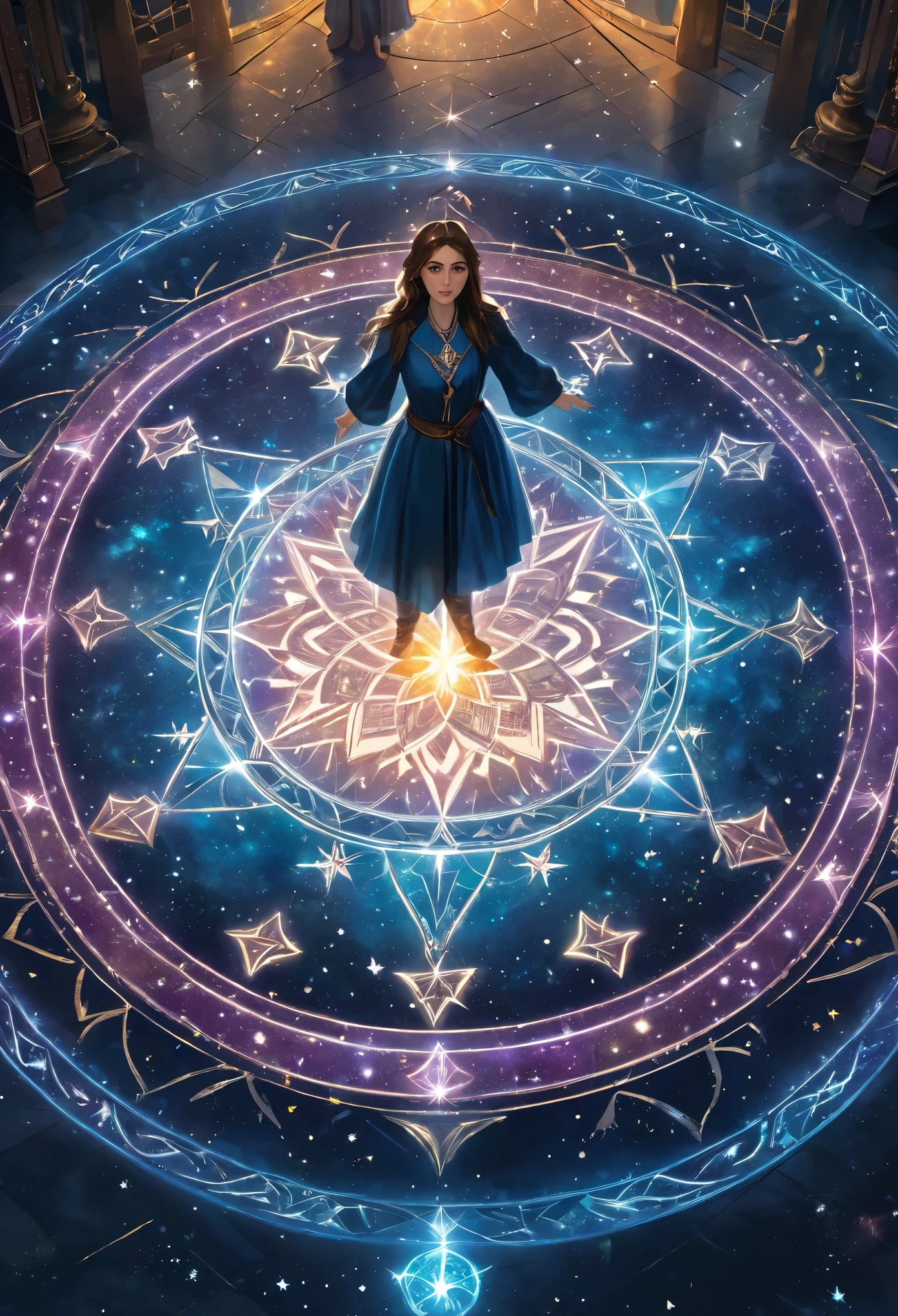 The girl stands in the center of the gorgeous and huge six-pointed star magic circle on the ground,Magical runes suspended in the air sparkle like stardust,8k,Super fine,Super detailed,Rich details,masterpiece,best quality