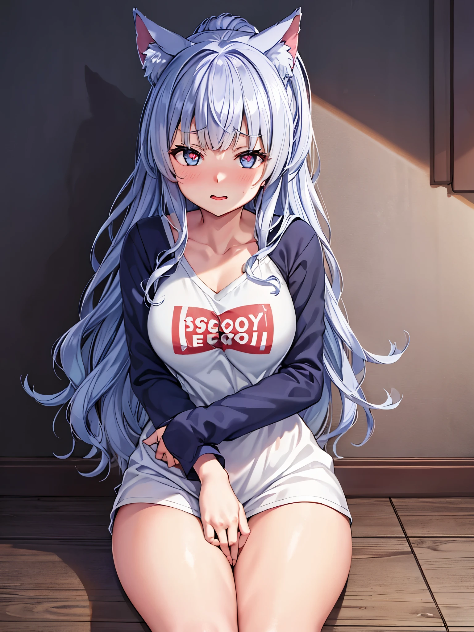 ((masterpiece))、((highest quality))、((super resolution))、(very beautiful and detailed)、official art、Virtual YouTuber、8K、very CG、game CG、icon、wallpaper、sharp focus、Written in depth、Very simple background、Smooth anime CG art、azur lane style、girls front line style、cute girl anime visual、photo shoot:1.55、Less exposure of the body:1.3、close to the viewer:1.3、view audience、The straight line distance between her and the viewer is 50 cm.)、Light from above at an angle、soft light、one person:1.3、solo:1.3、tall、young woman、 Ideal body shape、perfect waist、big breasts、Bust 87、white skin、bright makeup、Wolf ears、high ponytail、dark blue hair、hair that shines in natural light、messy hair、Ahoge、clear light blue eyes、shining eyes、glowing eyes、heart shaped contacts、gray theme、simple white t-shirt、He wears an oversized T-shirt that extends from his shoulders to his waist.:2.0、No bra、No panties、No underwear、blush、sexual excitement、It&#39;s a little hard to breathe、spoiled 、a little shy、wet、Stuffy、Sexy、So cute、Confident、provocation、relaxed、Calm、sitting on a very large soft cushion、Leaning forward、put both hands in front