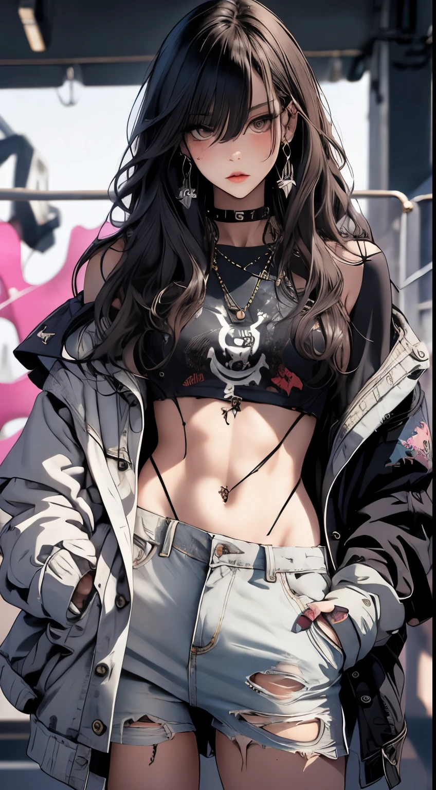 masterpiece, highest quality, pixiv, cool girl, the strongest pirate girl, topless, lips in love, dark brown hair, curly hair, dull bangs, straight bangs, gray eyes, white skin, gal, Improve, graffiti style, cool, baddie, badgirl