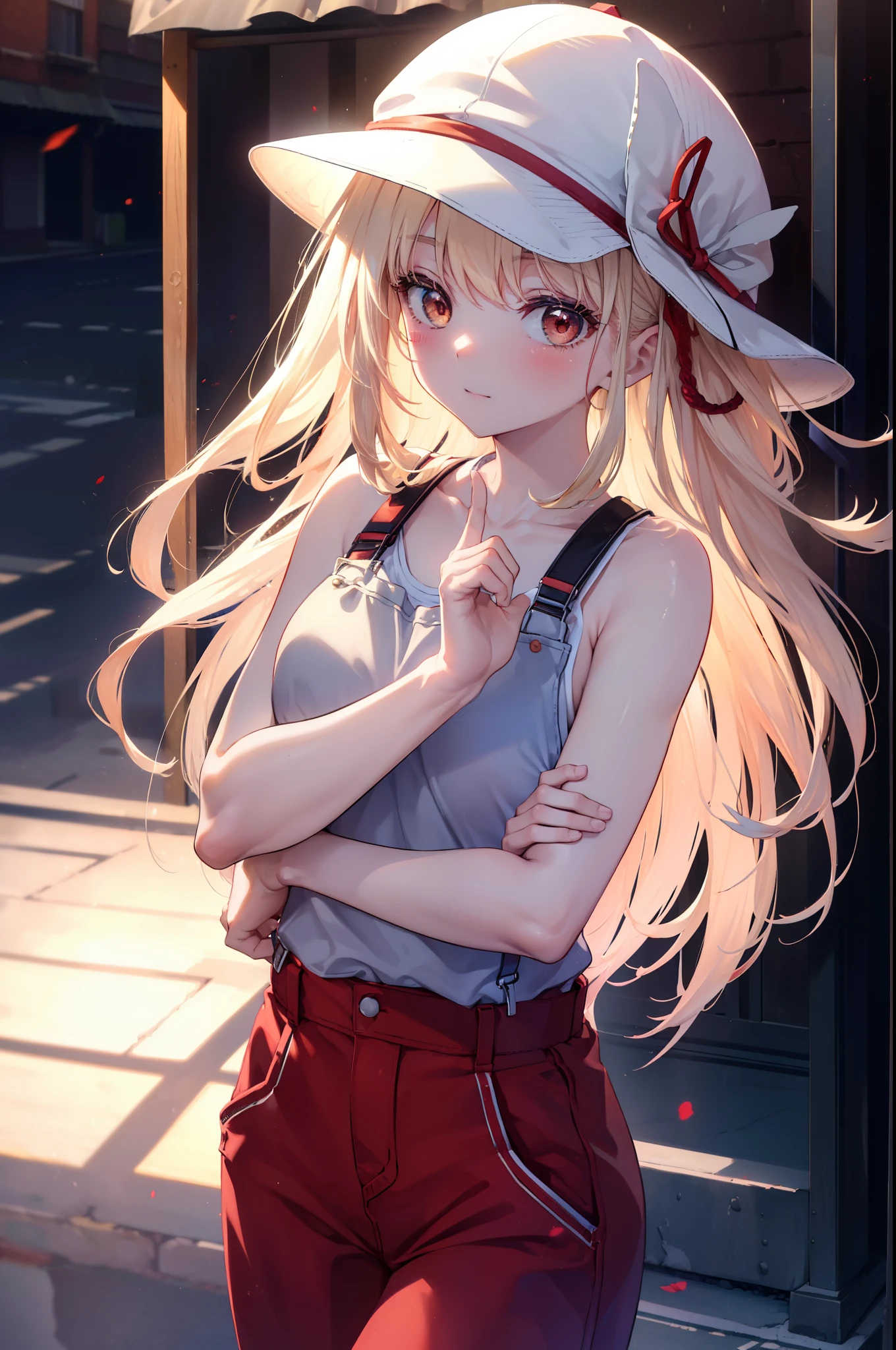 chisatonishikigi, nishikigi chisato, long hair, bangs, blonde hair, (red eyes:1.5), one side up,smile,blush,baseball hat,bare arms,sleeveless tank top,Red overalls with one handle coming off,sneakers,noon,Light of the sun,
break outdoors, In town,building street,
break looking at viewer, (cowboy shot:1.5),
break (masterpiece:1.2), highest quality, High resolution, unity 8k wallpaper, (figure:0.8), (detailed and beautiful eyes:1.6), highly detailed face, perfect lighting, Very detailed CG, (perfect hands, perfect anatomy),