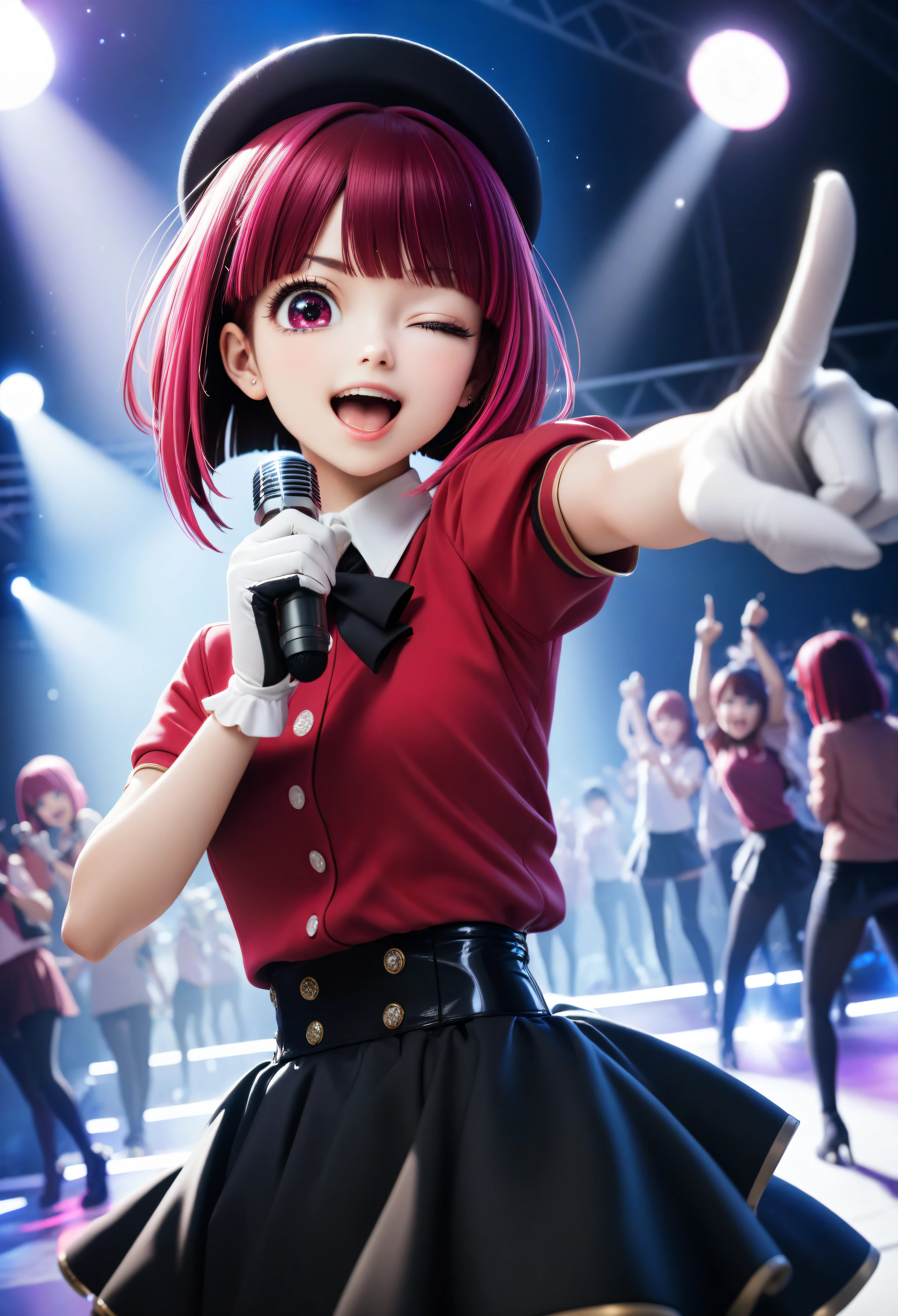 1girl, arima kana, oshi no ko, solo, idol, idol clothes, one eye closed, red shirt, black skirt, black headwear, gloves, stage light, singing, open mouth, crowd, smile, pointing at viewer, masterpiece, best quality