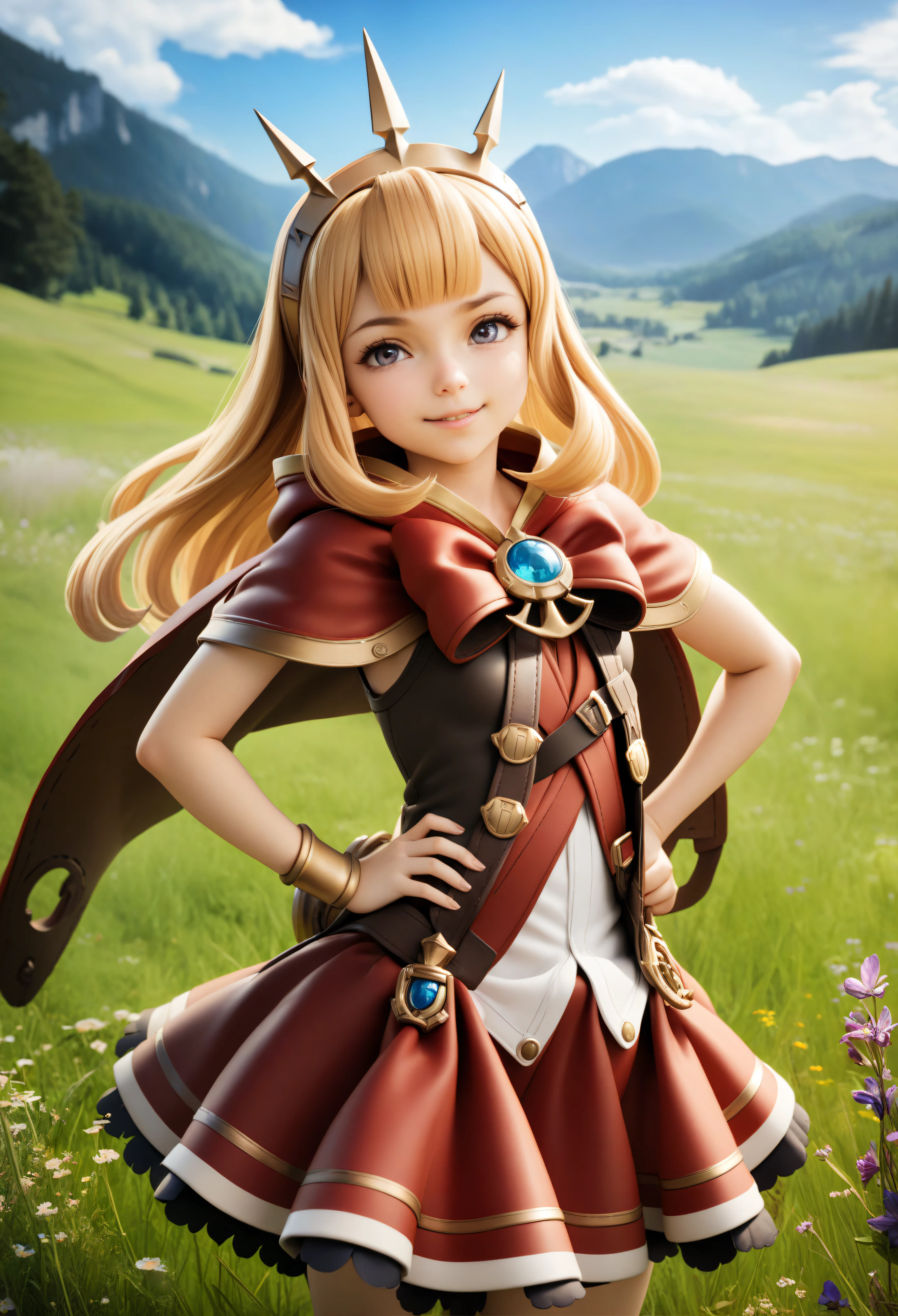 1girl, cagliostro \(granblue fantasy\), granblue fantasy, looking at viewer, smile, hand on hips, upper body, standing, outdoor, day, meadow, masterpiece, best quality,