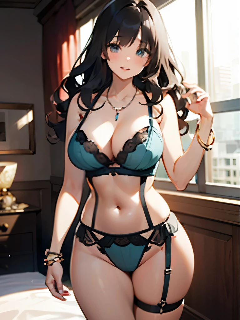 (masterpiece, best quality), pixel art, perfect slim fit body, thick thighs, nice breasts, wavy hair, bracelet, necklace, (pastel transparent lingerie:1.2), standing pose, big gorgeous eyes, kind smile, parted lips, blush, luxury penthouse bedroom, elaborate details, ambient lighting, top pixiv, top artstation