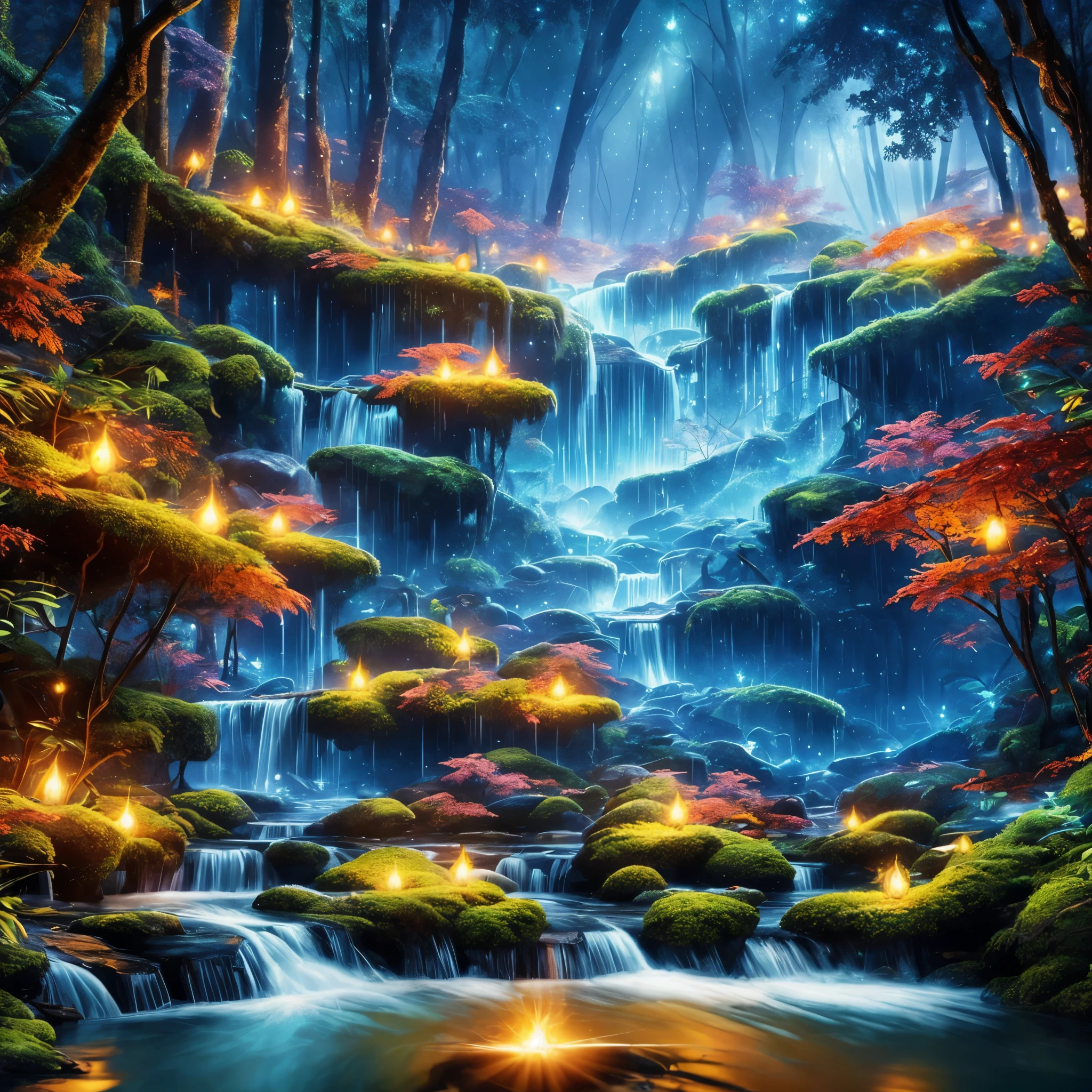 master piece,best quality,expensive、expensive品質,very detailed,8k,A stream flows through a mysterious forest,Fantastic snow and ice jungle,ice witch,colorful ice magic,Glowing Sprites,natural elements of forest theme,colorful snow and ice jungle,epic fantasy art style,Fireflies surround the delicate leaves and branches(natural elements),(jungle theme),(autumn leaves),(tree branch),(glow worm),(particle effects)Other 3D, octane rendering,ray tracing,More than a few accounts,depicting harmony between humans and nature
