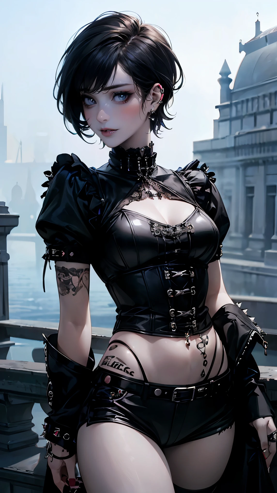(masterpiece:1.2, highest quality), (realistic, photorealistic:1.4), beautiful illustrations, (natural side lighting, movie lighting),
looking at the viewer, Upper body, (Front view), 1 girl, perfect face, Cute symmetrical face, shiny skin, baby face, long eyelash, (medium breasts:1.5), (wide hips:1.5),short cut hair,
beautiful hair, beautiful face, detailed and beautiful eyes, beautiful body, beautiful breasts, beautiful thighs, beautiful feet, beautiful fingers,
(beautiful scenery),(cute smile:1.3, upper eye), 18yo,pale skin,a woman in black corset and goth hair, with piercings, 1girl, solo, black hair, short hair, ring,(pierce:1.5),(punk style:1.5),(gothic dress),(black lips:1.7),