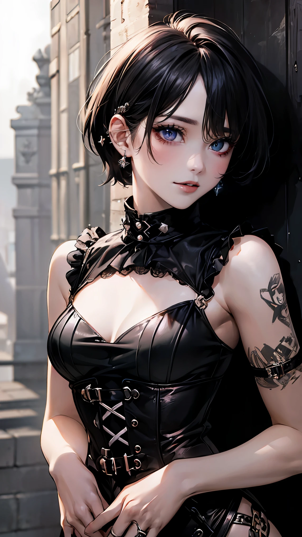 (masterpiece:1.2, highest quality), (realistic, photorealistic:1.4), beautiful illustrations, (natural side lighting, movie lighting),
looking at the viewer, Upper body, (Front view), 1 girl, perfect face, Cute symmetrical face, shiny skin, baby face, long eyelash, (large breasts), (wide hips:1.5),short cut hair,
beautiful hair, beautiful face, detailed and beautiful eyes, beautiful body, beautiful breasts, beautiful thighs, beautiful feet, beautiful fingers,
(beautiful scenery),(cute smile:1.3, upper eye), 18yo,pale skin,a woman in black corset and goth hair, with piercings, 1girl, solo, black hair, short hair, ring,(pierce:1.5),(punk style:1.5),(gothic dress),(black lips:1.7),side layered skirt,black bra,(gulp down blood from one's mouth:1.2)