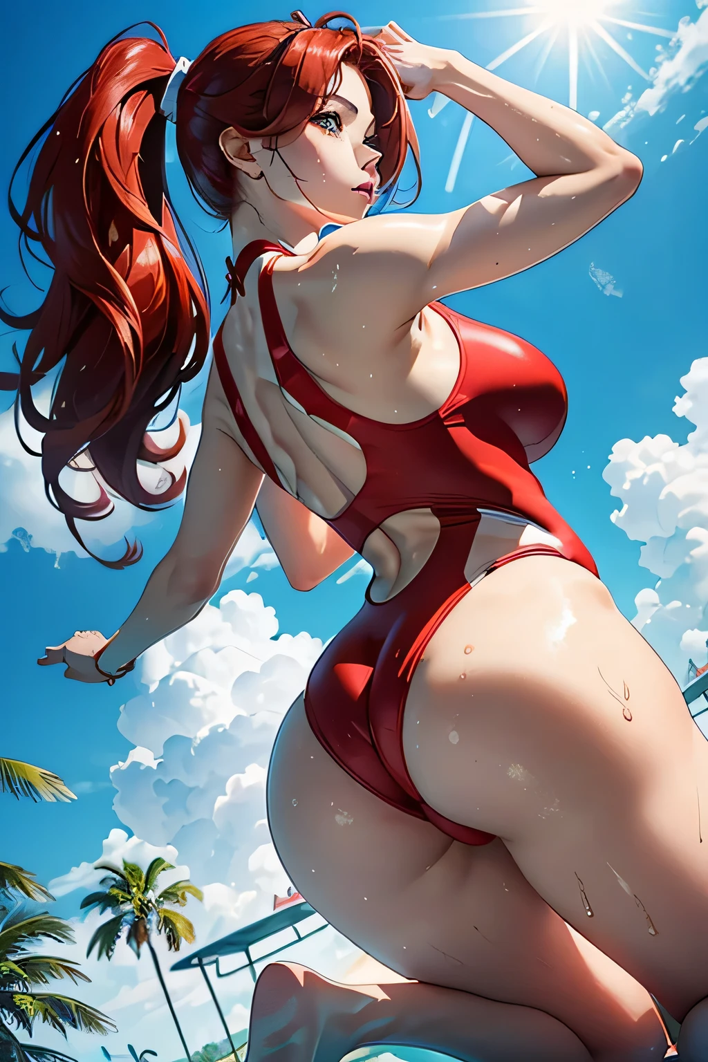 low angle shot,shoot down and up、Back photo。Kneel behind、Show her ass,actual、Super high chroma、8k、Long red hair(((30 year old woman)))、((((She is wearing a red competition swimsuit。))))、competitive swimmer、big breasts、Thick thighs、Pay attention to muscle development。競泳プールolympic Comcompetitive swimmerics stadium, Highly detailed face and skin textures,(natural cheeks, skin shiny, White skin,, (glossy lips: 1. 4),Sweating 1.0、(((vitality)))