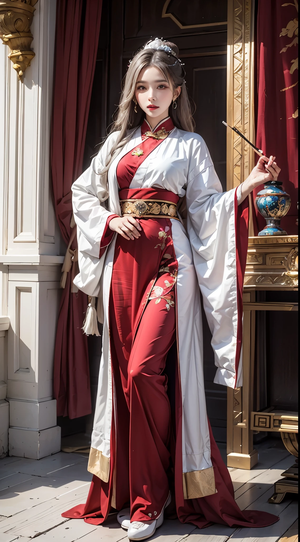 dark majestic palace background, red flame and black swirl, A beautiful girl standing in the center of the palace, traditional chinese costume jewelry, acrylic oil painting, light white and light silver, Money, fire, sky light, cigarette, elaborate costumes, full body photo, traditional costume, eye-catching details, highest quality.